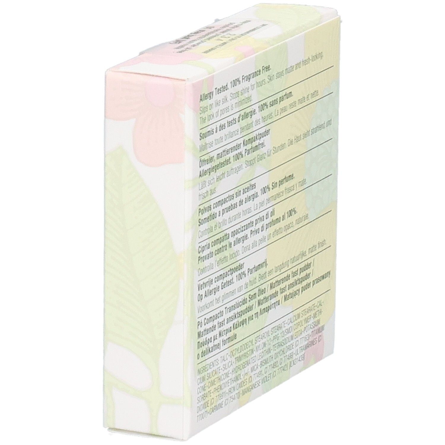 Clinique Poudre Transparente Haute Matité 01 Stay Buff. Schachtel mit Produktinformationen und floralem Muster.