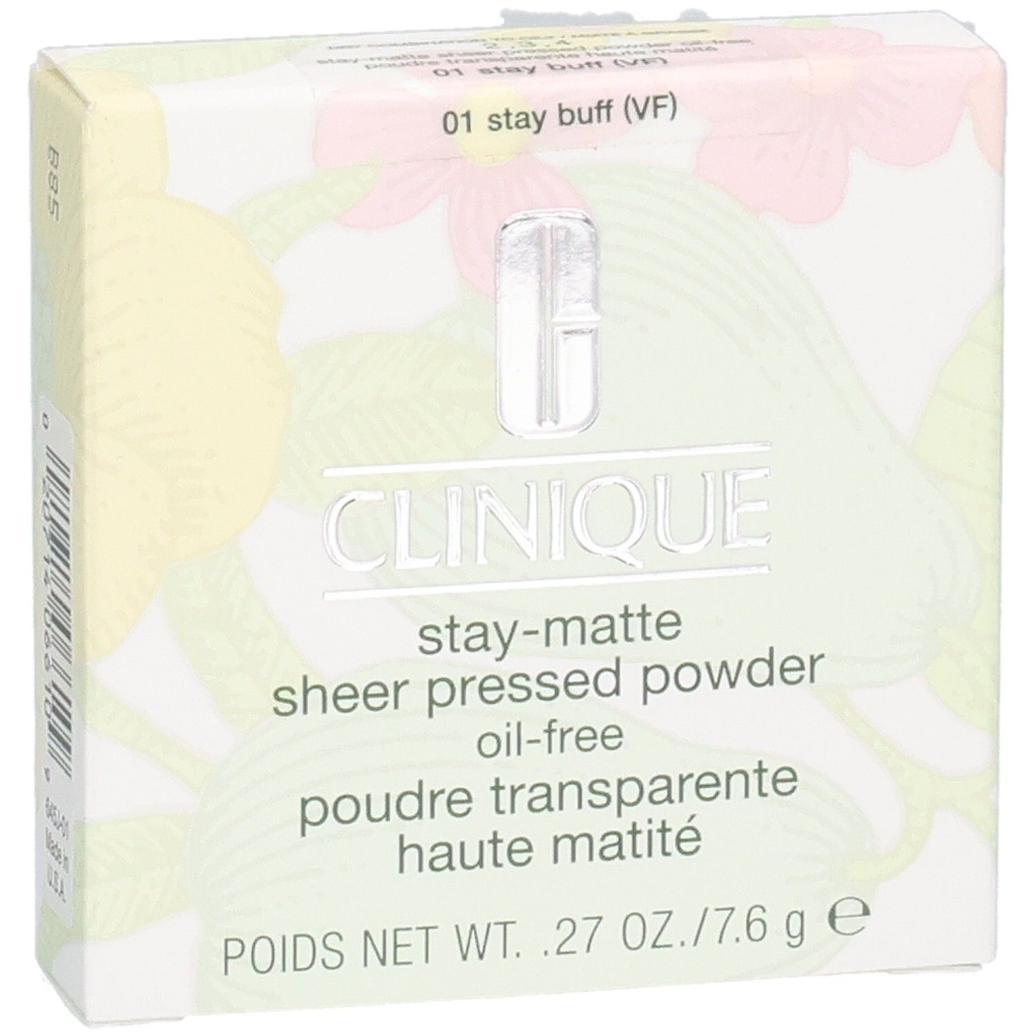 Clinique Poudre Transparente Haute Matité 01 Stay Buff. Weiße Schachtel mit Produktnamen, Logo und floralem Muster.