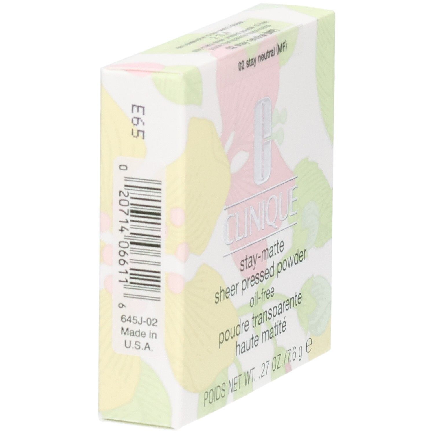 Clinique Stay-Matte Sheer Pressed Powder Verpackung mit Barcode und Produktinformationen.