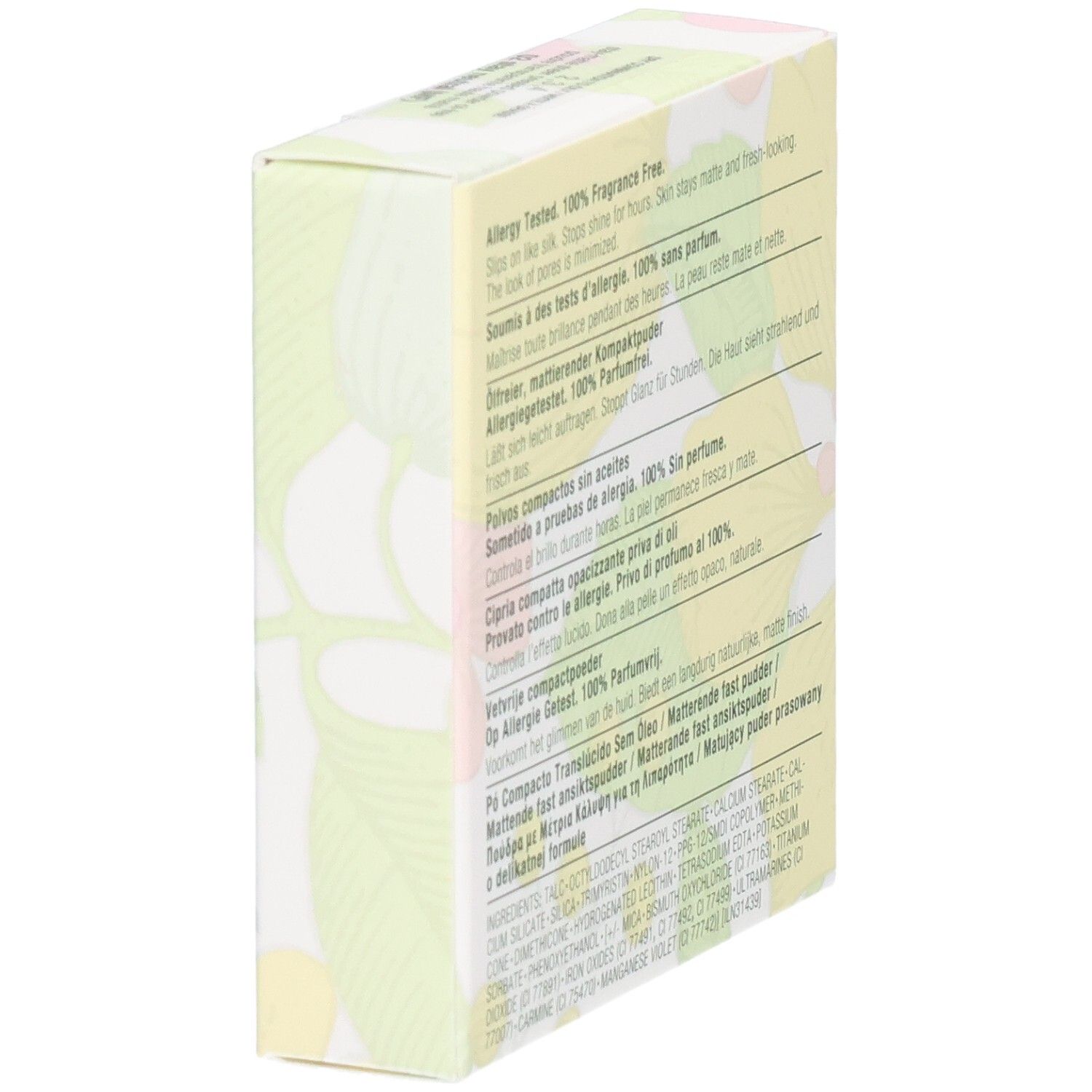 Seite der Clinique Stay-Matte Sheer Pressed Powder Verpackung mit floralem Design.