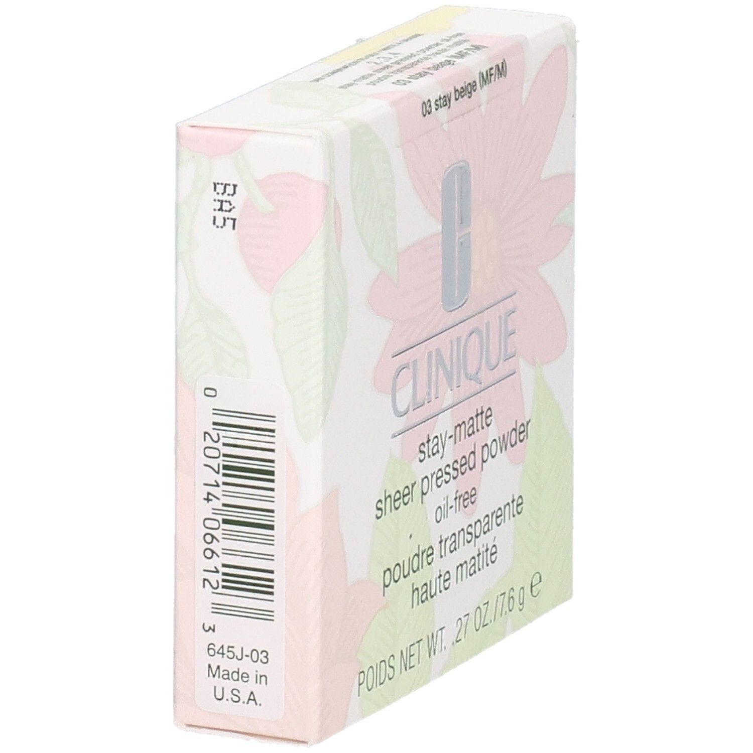 Kartonverpackung, schräg. Clinique-Logo und Produktbezeichnung. Barcode und Text: Made in U.S.A. Floralmuster.