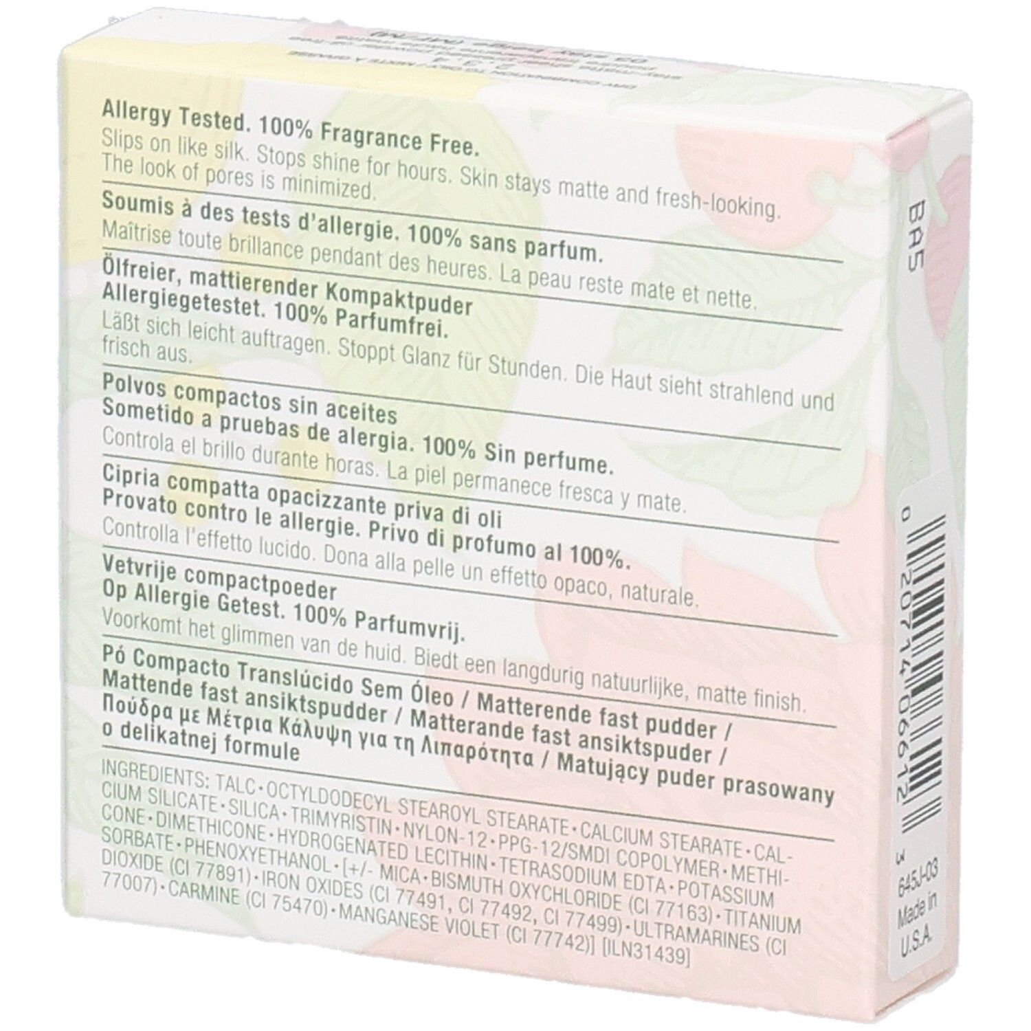 Rückseite der Verpackung. Text in mehreren Sprachen. Allergiegetestet. 100% parfümfrei. Inhaltsstoffe.