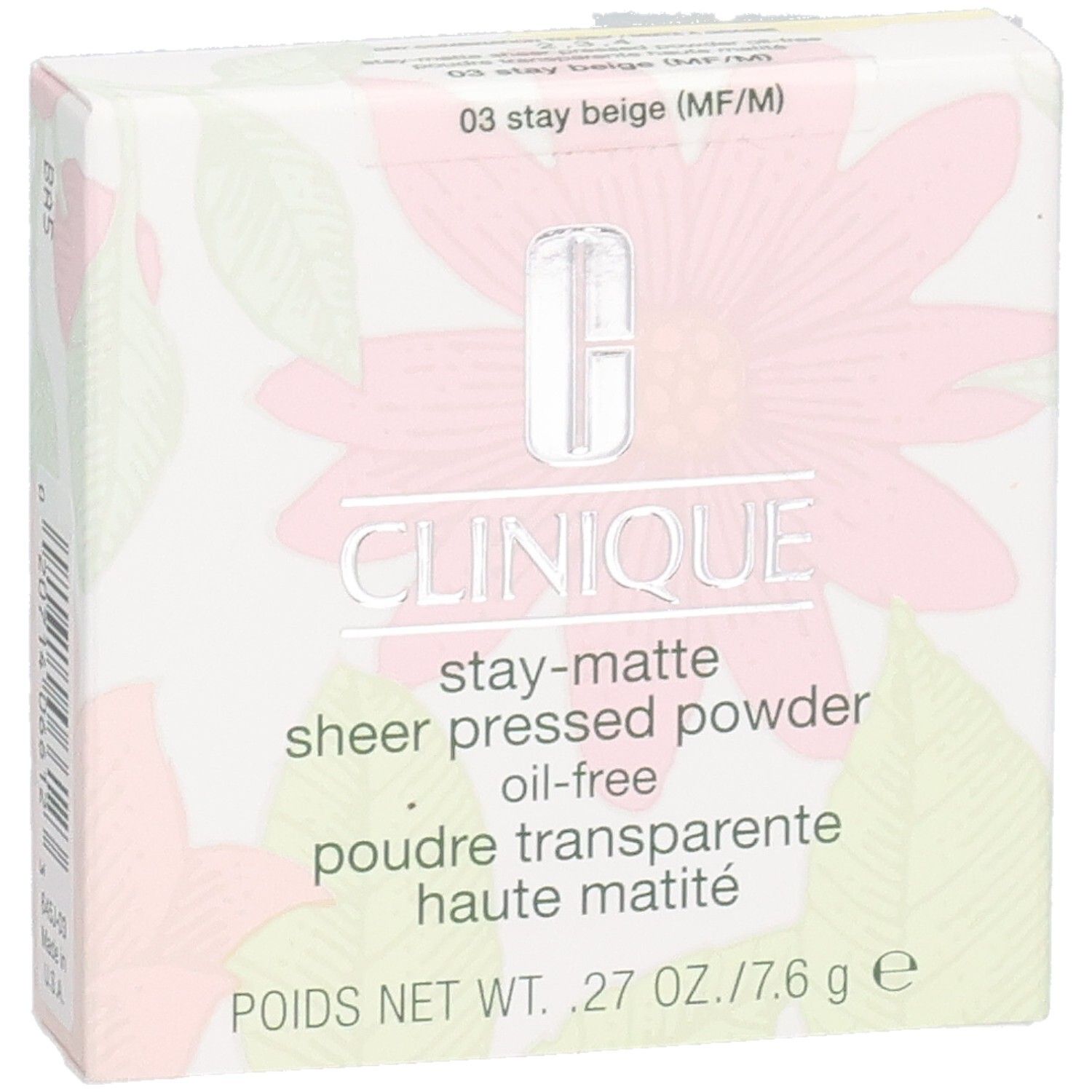 Kartonverpackung mit Clinique-Logo und Produktbezeichnung. Aufdruck: Poudre Transparente Haute Matité. Floralmuster.