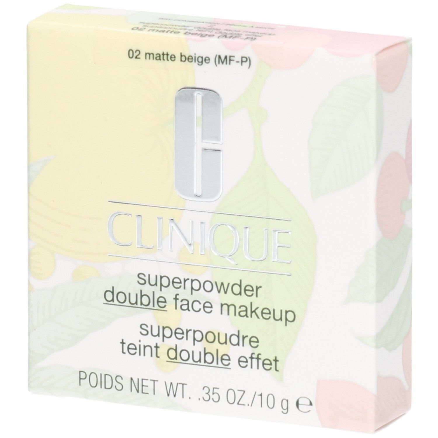 Clinique Superpowder Double Face Makeup, matte beige, in Verpackung. Floralmuster. Text: Clinique, Superpowder, double face makeup.