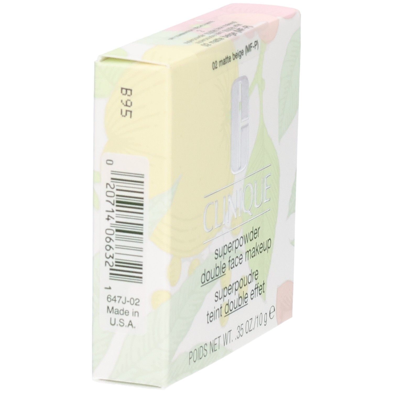 Clinique Superpowder Double Face Makeup, matte beige, in Verpackung. Barcode und Text. Text: Clinique, Superpowder, double face makeup.