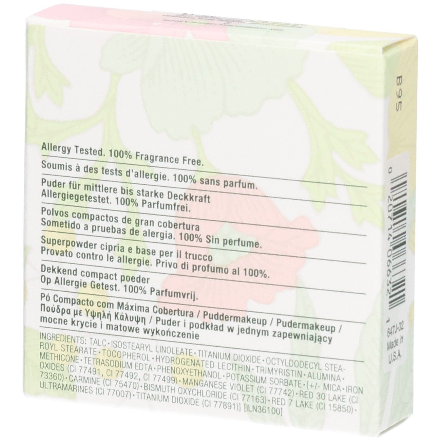 Rückseite der Clinique Superpowder Double Face Makeup Verpackung. Text: Allergy Tested. 100% Fragrance Free. Inhaltsstoffe.