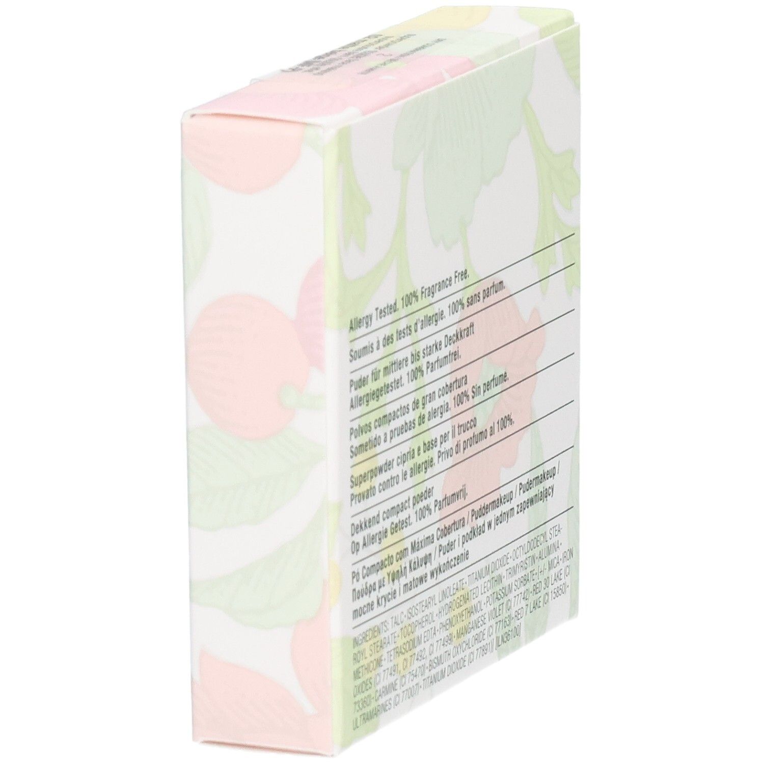 Clinique Superpowder Double Face Makeup Verpackung. Floralmuster. Text: Allergy Tested. 100% Fragrance Free. Inhaltsstoffe.