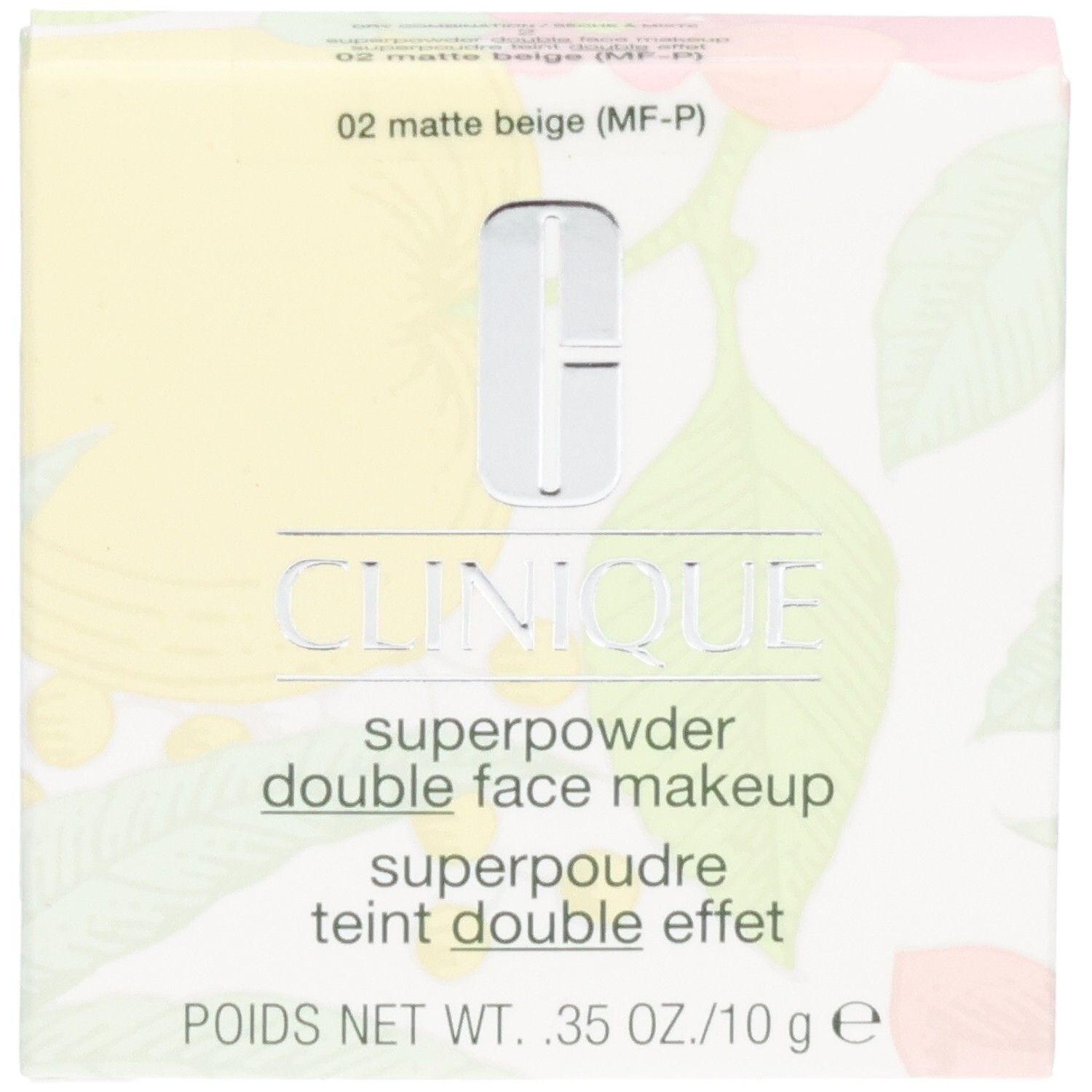 Clinique Superpowder Double Face Makeup, matte beige, in Verpackung. Text: Clinique, Superpowder, double face makeup, superpoudre.