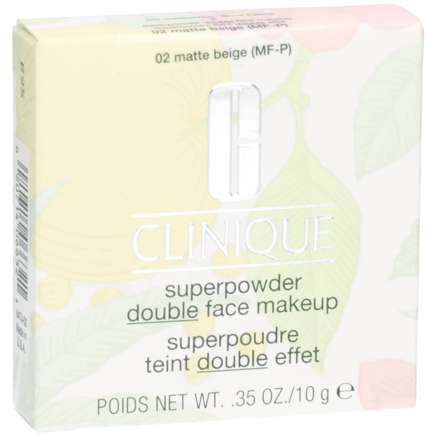 Clinique Superpowder Double Face Makeup, matte beige, in Verpackung. Text: Clinique, Superpowder, double face makeup, superpoudre.