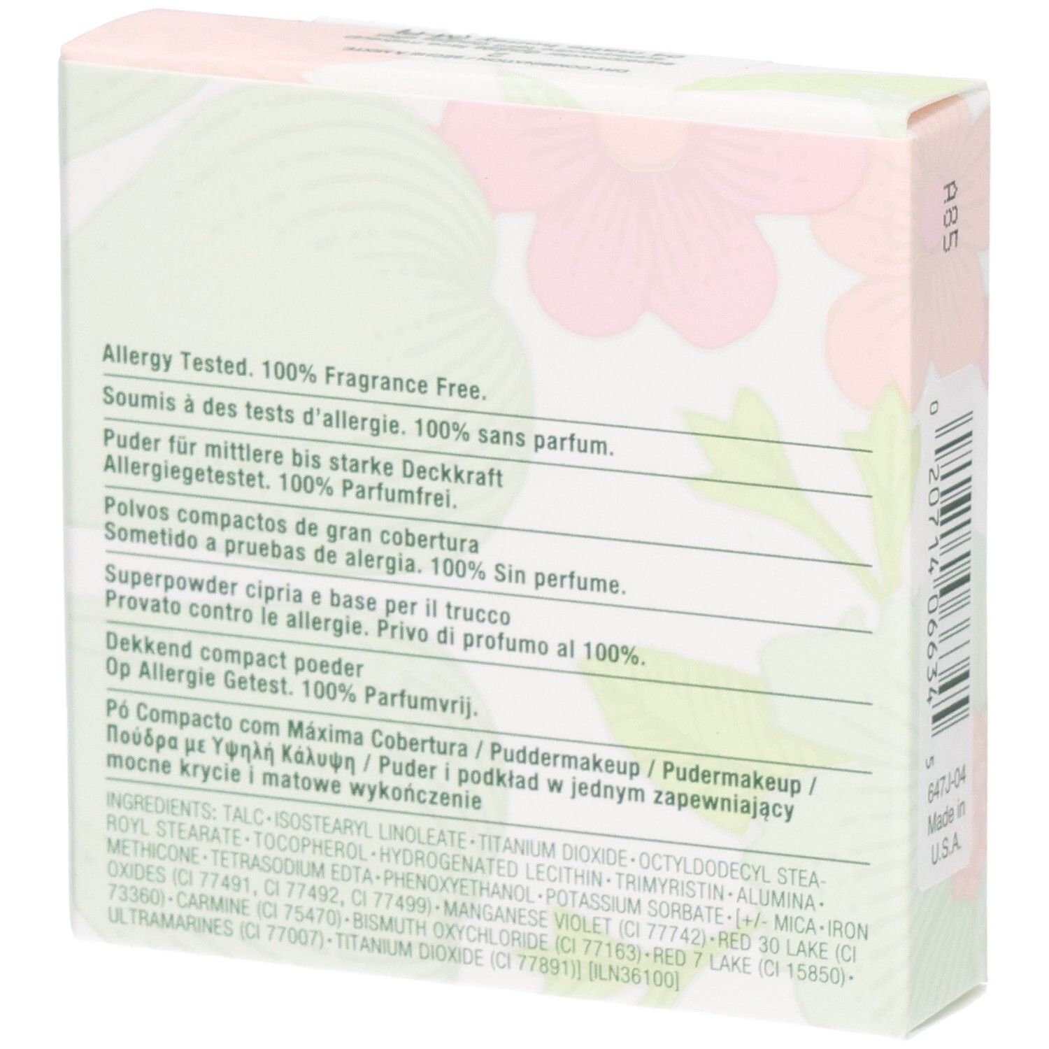 Rückseite der Clinique Superpowder Double Face Makeup Verpackung. Text: Allergy Tested. 100% Fragrance Free.