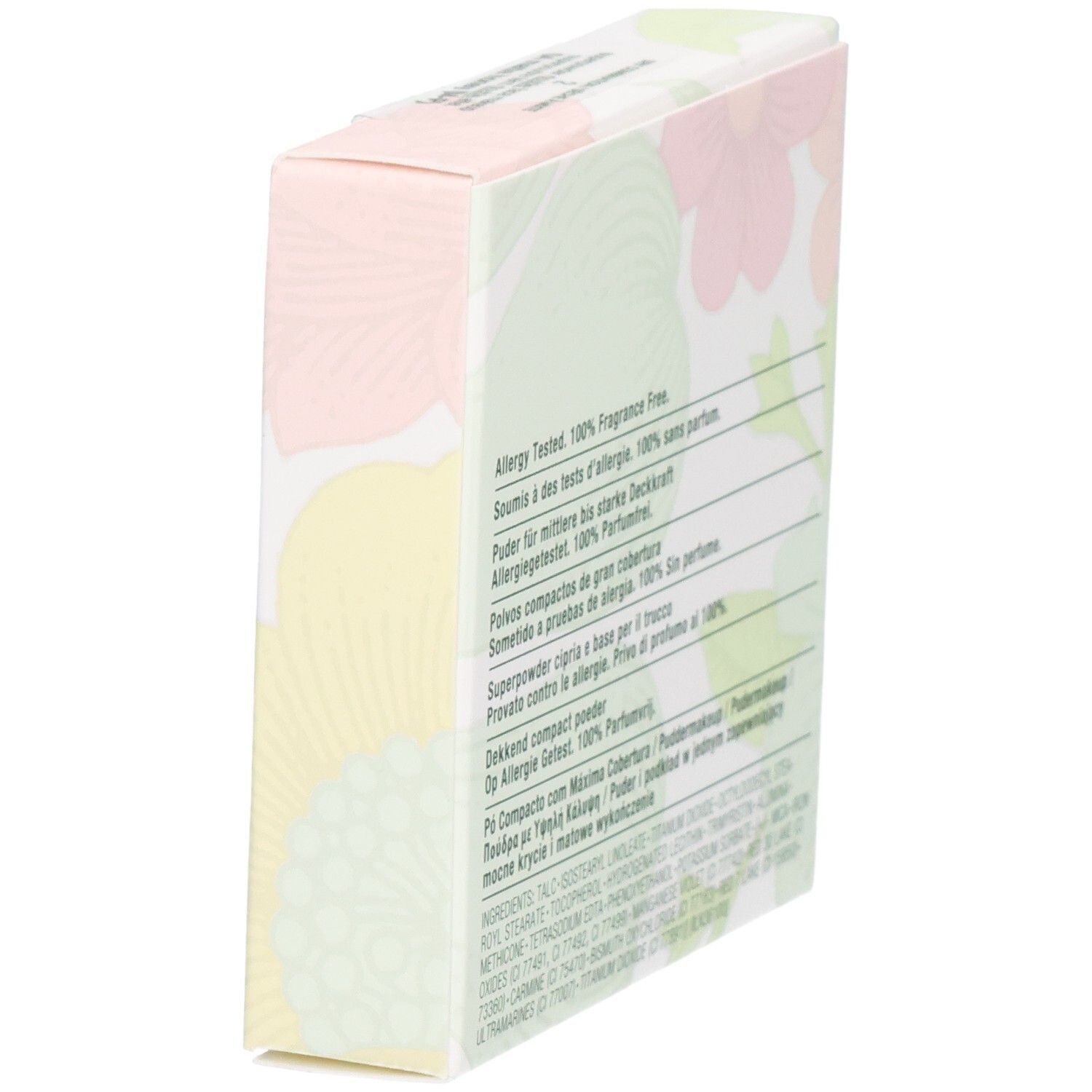 Seitenansicht der Clinique Superpowder Double Face Makeup Verpackung. Text: Allergy Tested. 100% Fragrance Free.