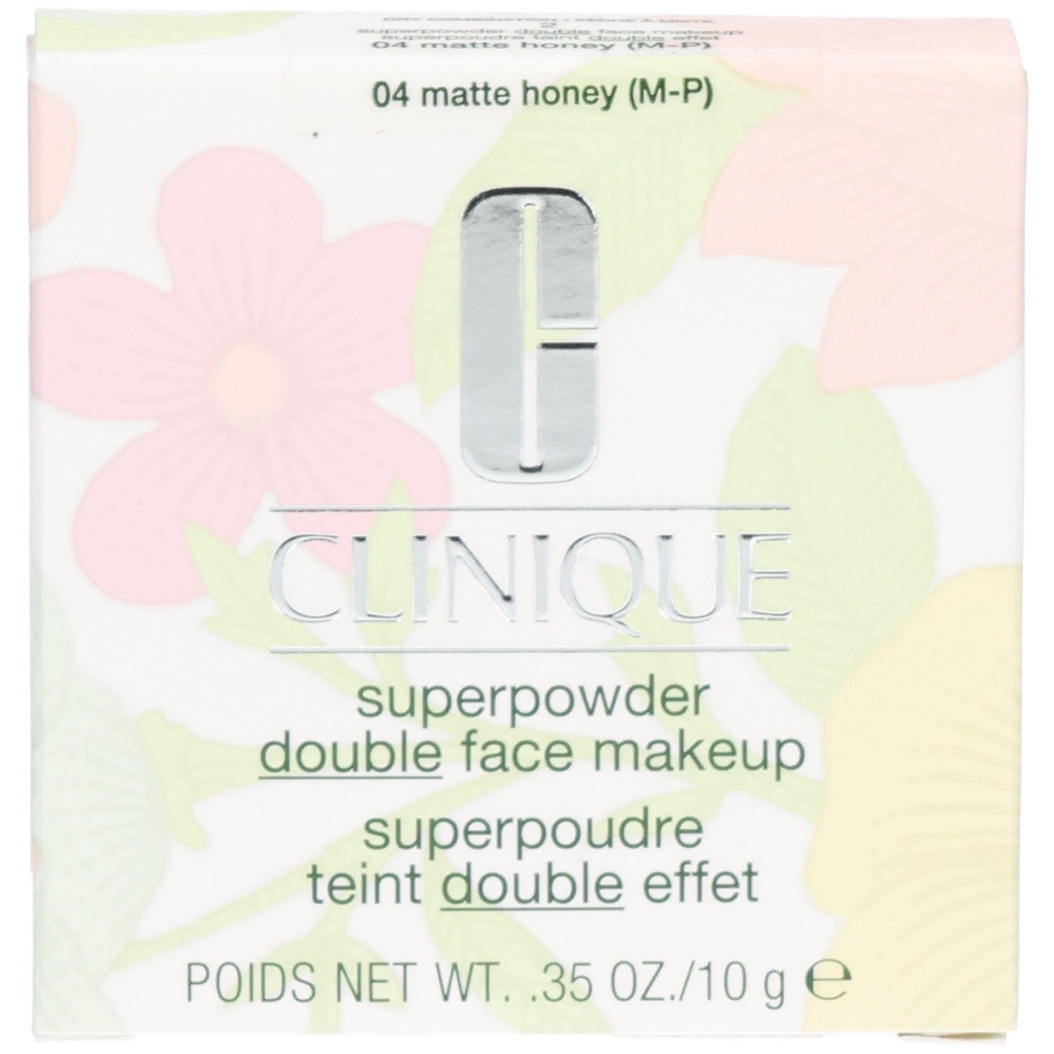 Clinique Superpowder Double Face Makeup. Karton mit floralem Muster. Farbe: 04 matte honey. Nettogewicht: 10g.