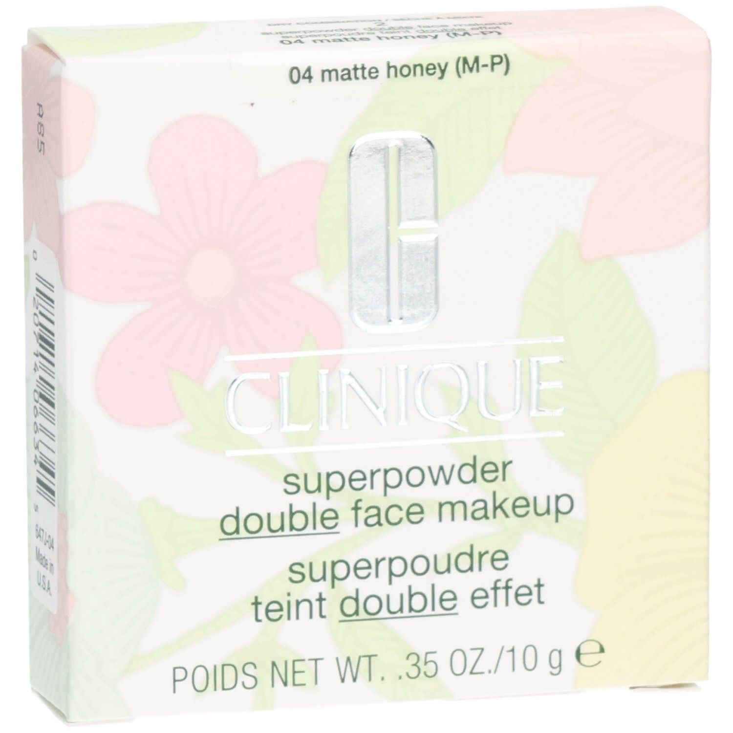 Clinique Superpowder Double Face Makeup. Karton mit floralem Muster. Farbe: 04 matte honey. Nettogewicht: 10g.