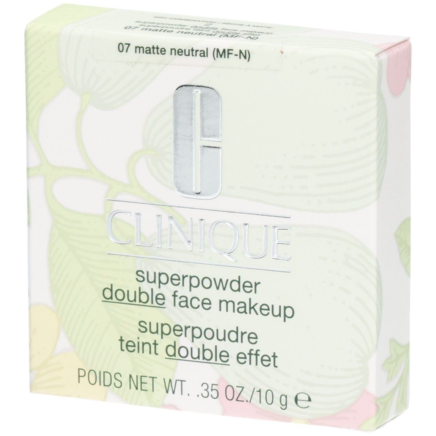 Clinique Superpowder Double Face Makeup. Verpackung mit floralem Muster. Farbton 07 matte neutral (MF-N).