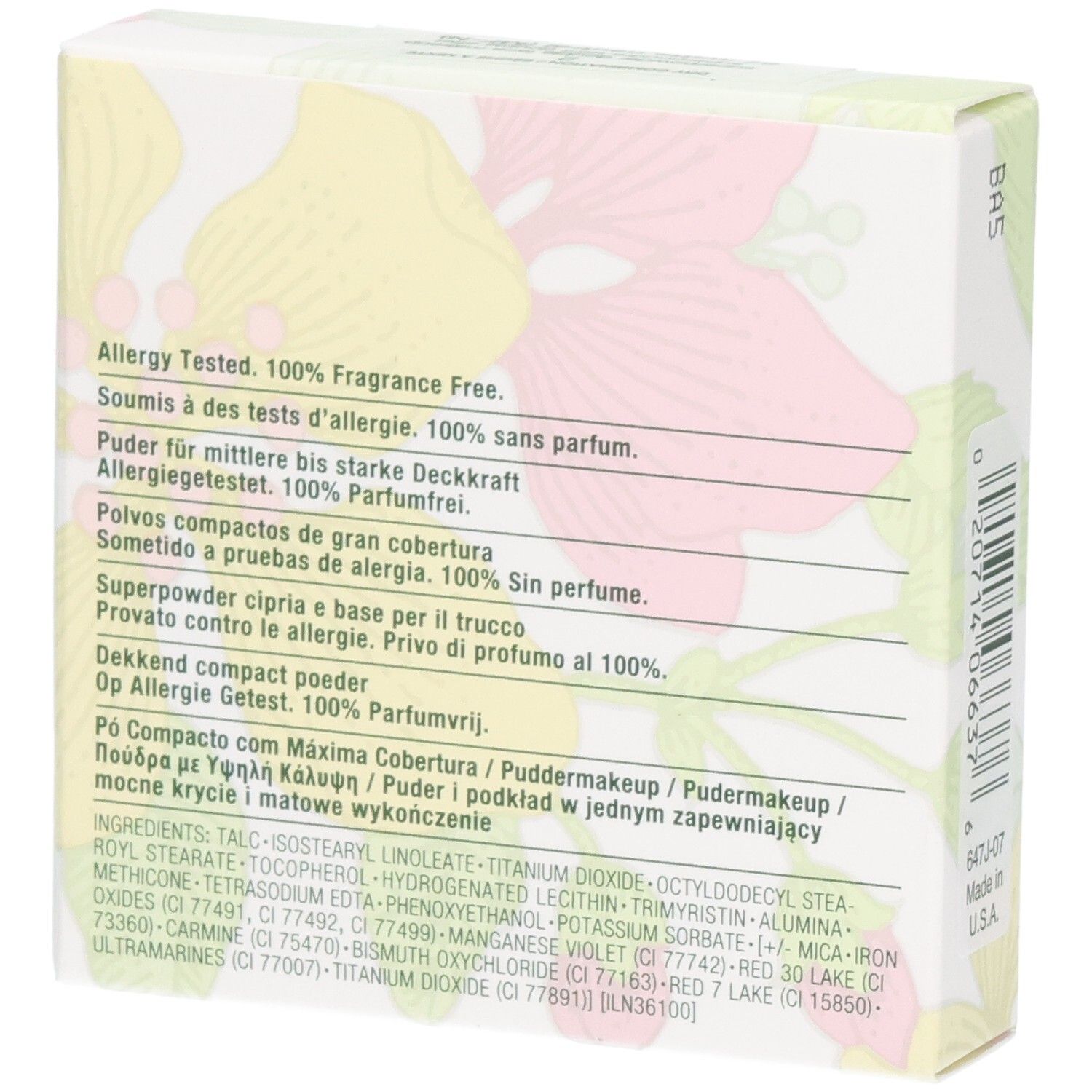 Rückseite der Clinique Superpowder Double Face Makeup Verpackung. Inhaltsstoffe und Text in mehreren Sprachen.