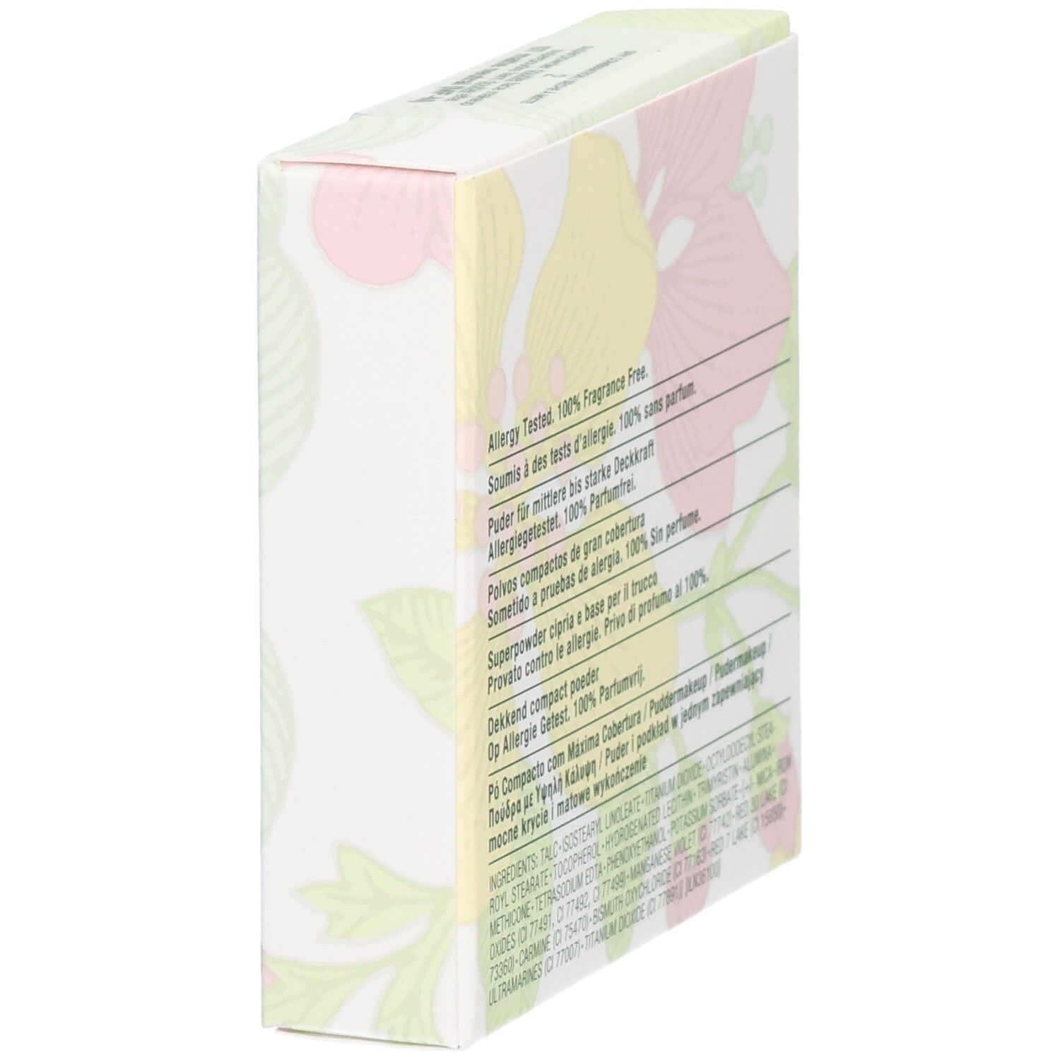Clinique Superpowder Double Face Makeup Verpackung. Floralmuster. Text in mehreren Sprachen.