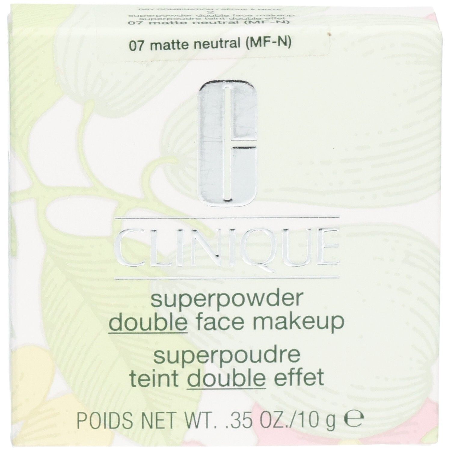 Clinique Superpowder Double Face Makeup. Verpackung mit floralem Muster. Farbton 07 matte neutral (MF-N).