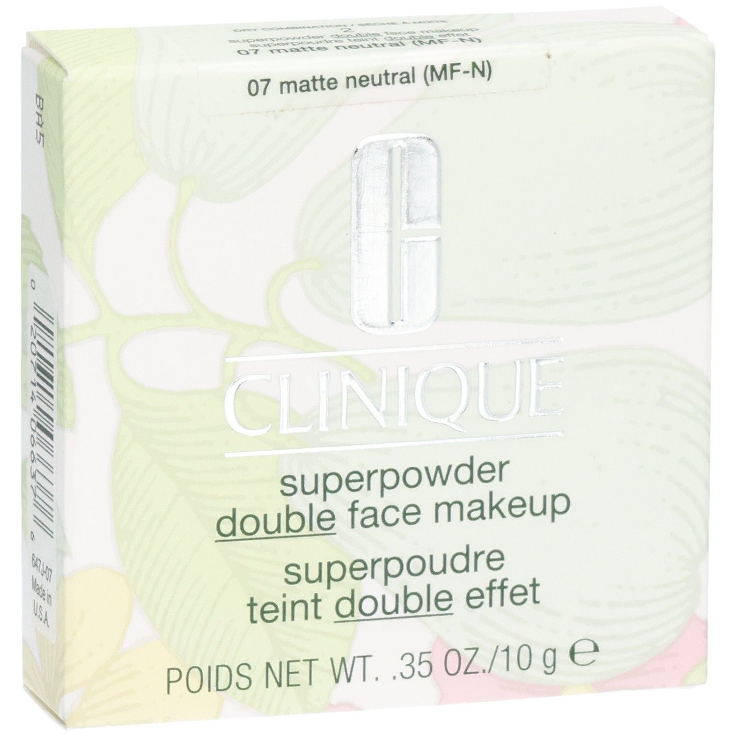 Clinique Superpowder Double Face Makeup. Verpackung mit floralem Muster. Farbton 07 matte neutral (MF-N).