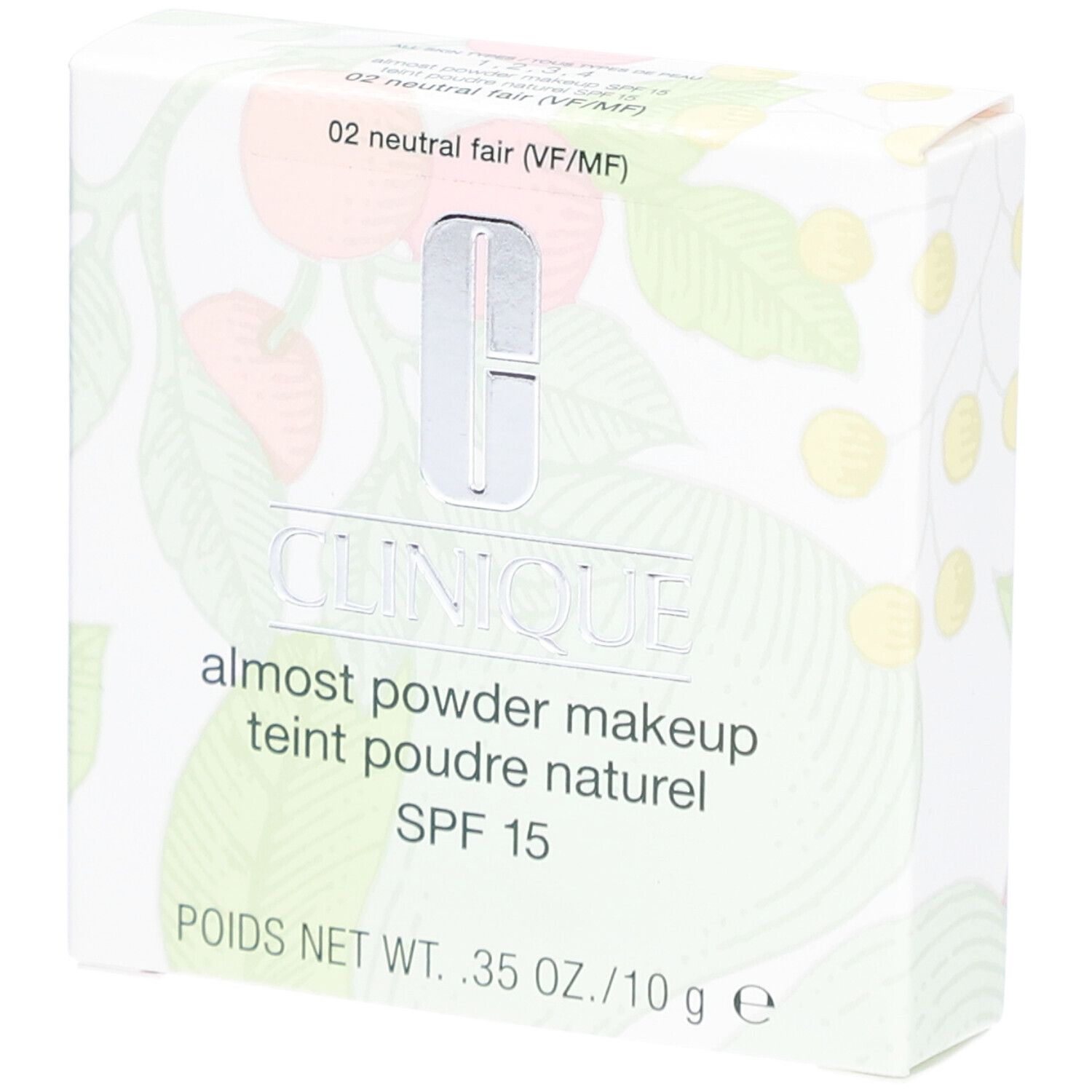Clinique Almost Powder Makeup SPF 15. Weiße Verpackung mit floralem Muster. Produktname und SPF 15 deutlich sichtbar.