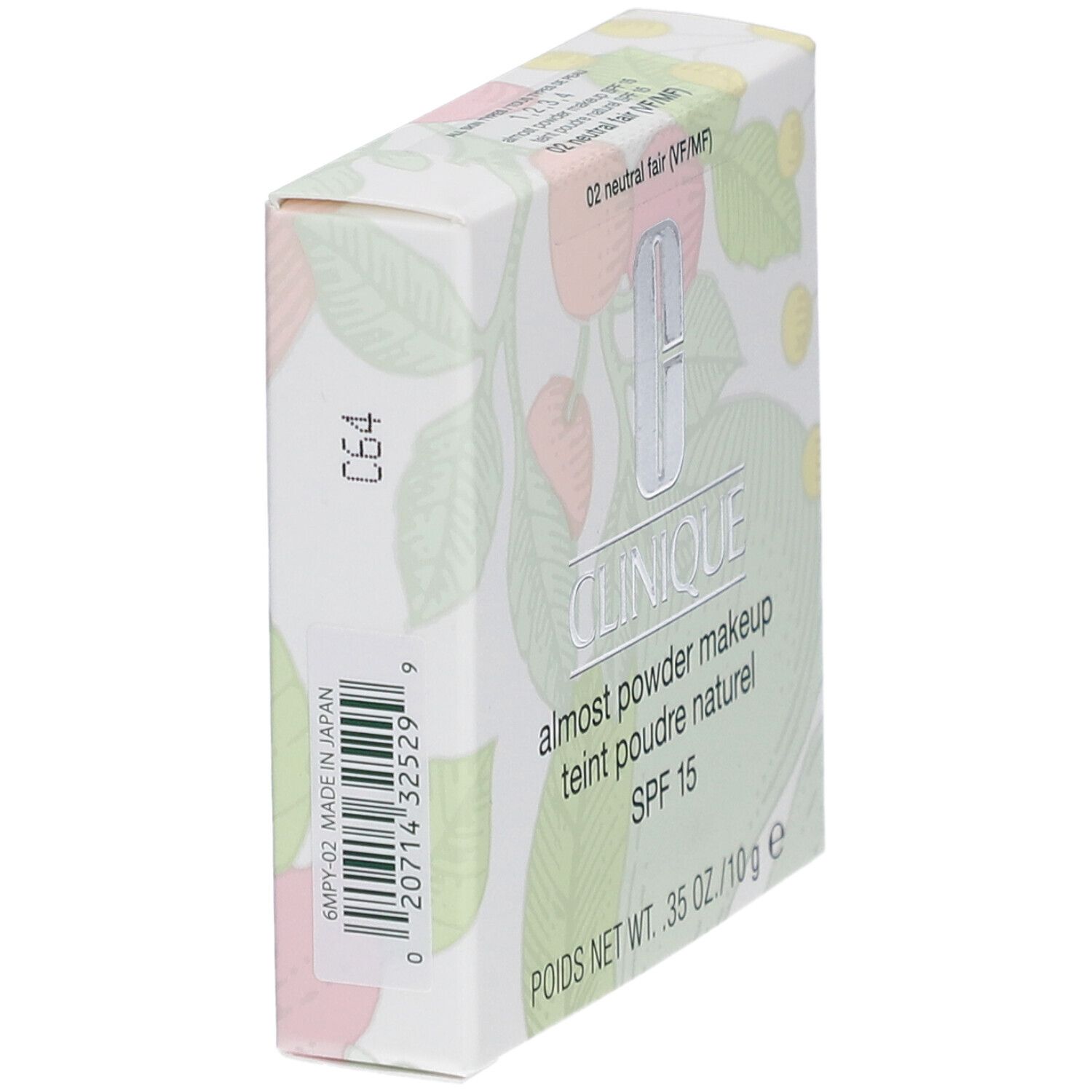 Clinique Almost Powder Makeup SPF 15. Verpackung schräg. Produktname, SPF 15 und Barcode sichtbar. Floral Muster.
