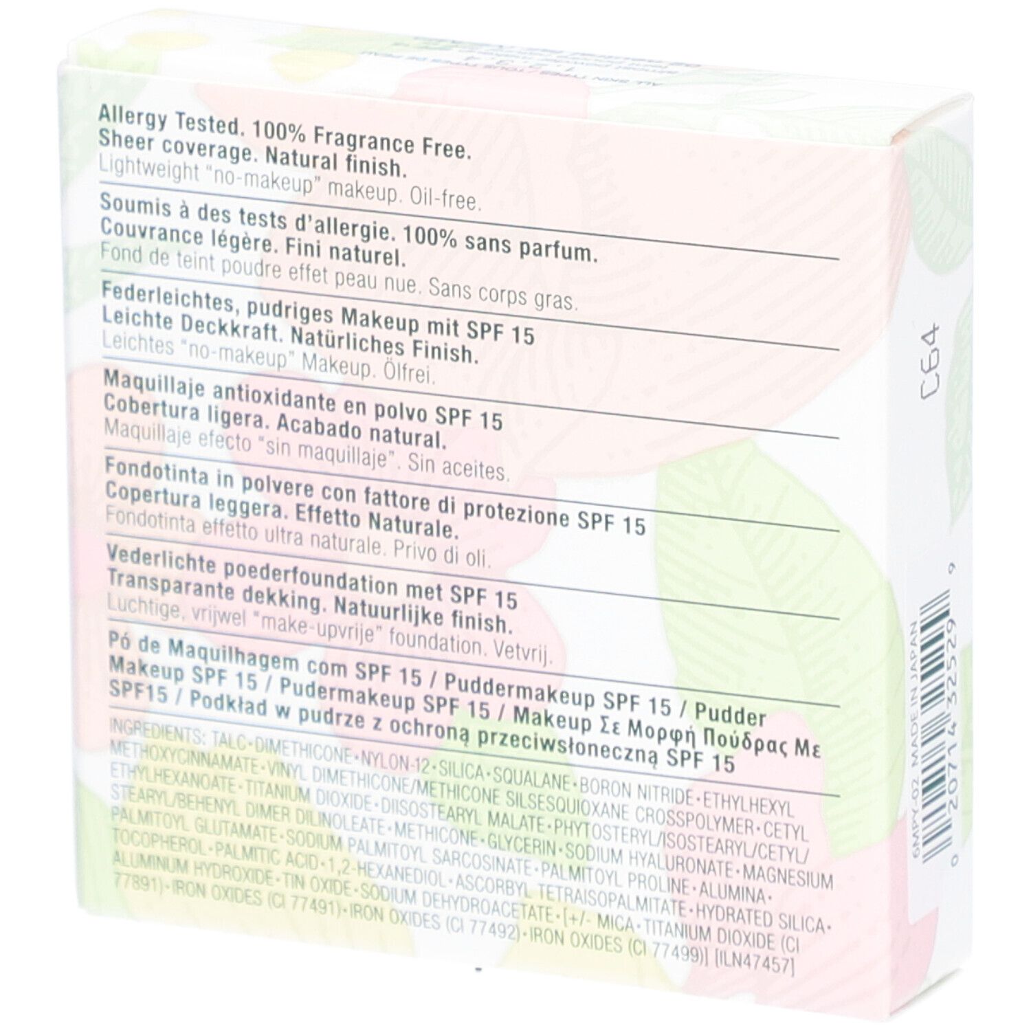 Rückseite der Clinique Almost Powder Makeup SPF 15 Verpackung. Text mit Inhaltsstoffen und Produktinformationen.