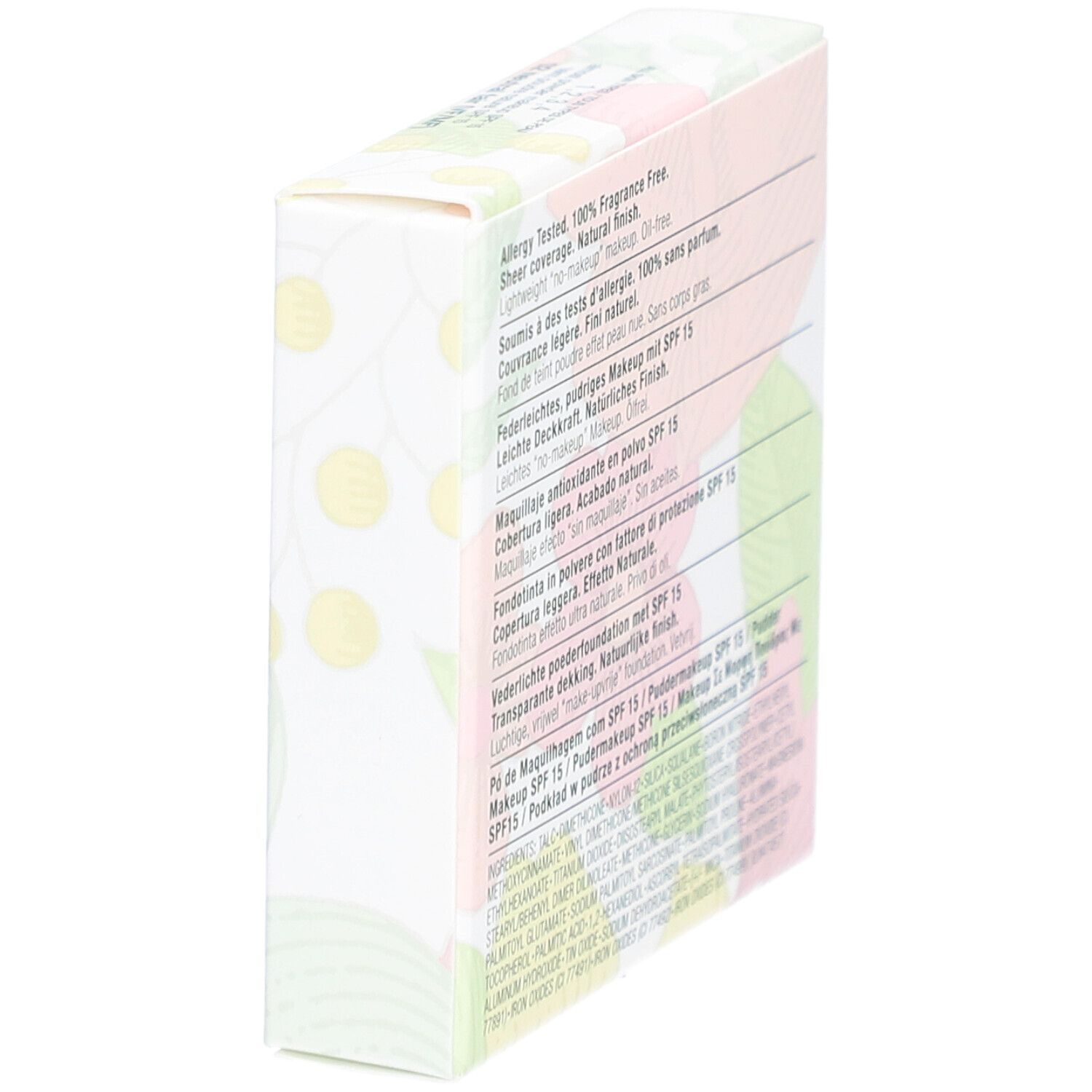 Schräge Ansicht der Clinique Almost Powder Makeup SPF 15 Verpackung. Text und floral Muster sichtbar.