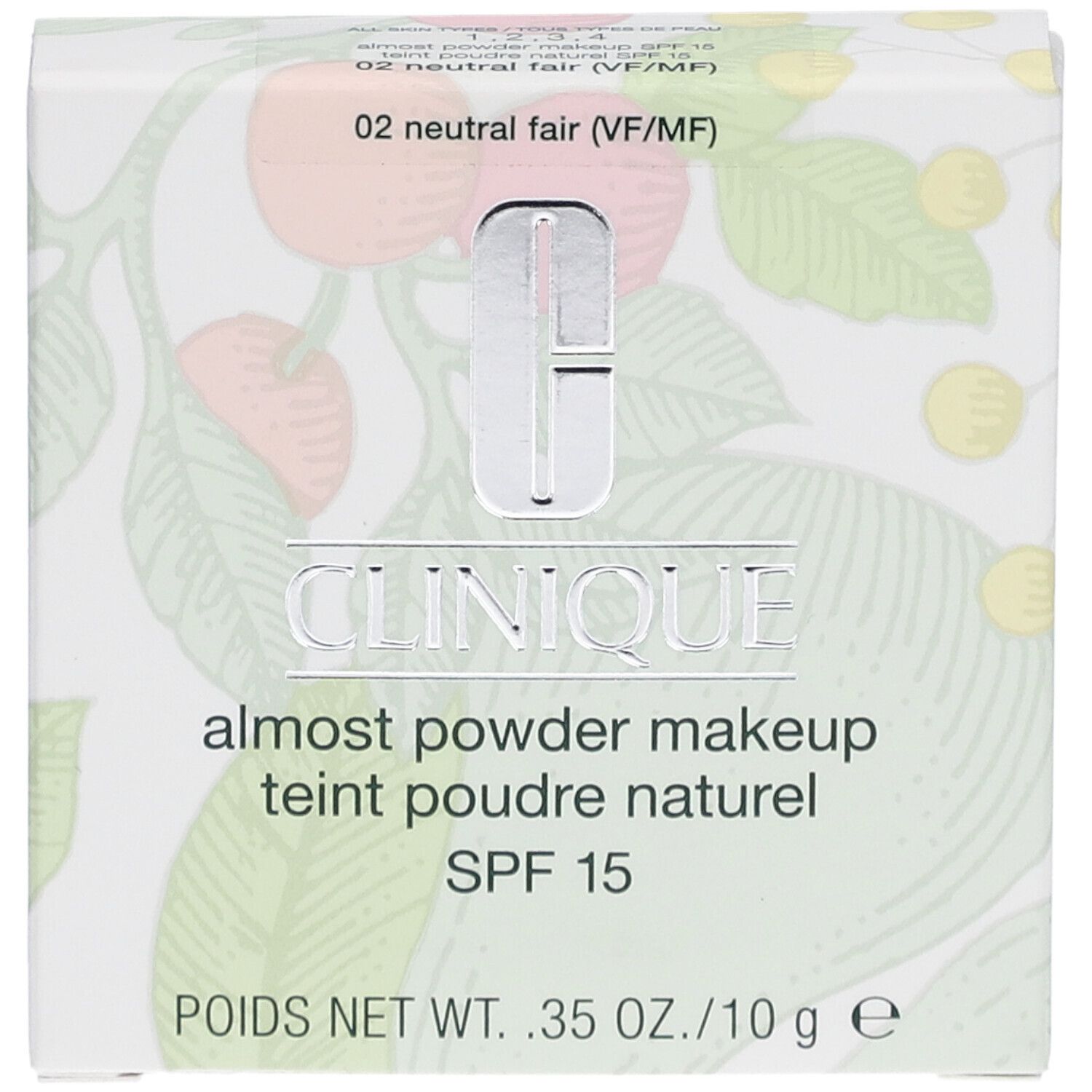 Clinique Almost Powder Makeup SPF 15. Weiße Verpackung mit floralem Muster. Produktname und SPF 15 deutlich sichtbar.