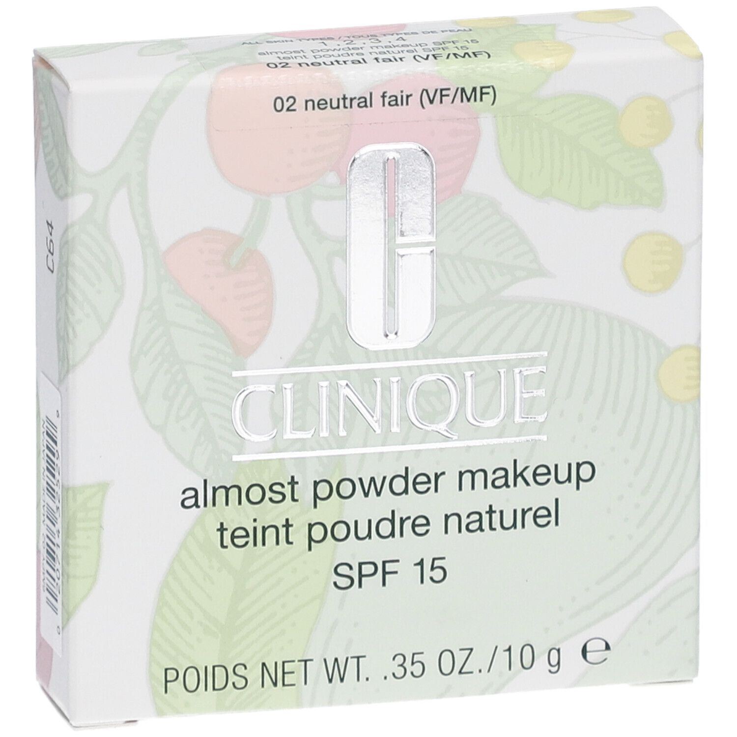 Clinique Puder-Make-up Karton, "02 neutral fair", SPF 15, mit Barcode.