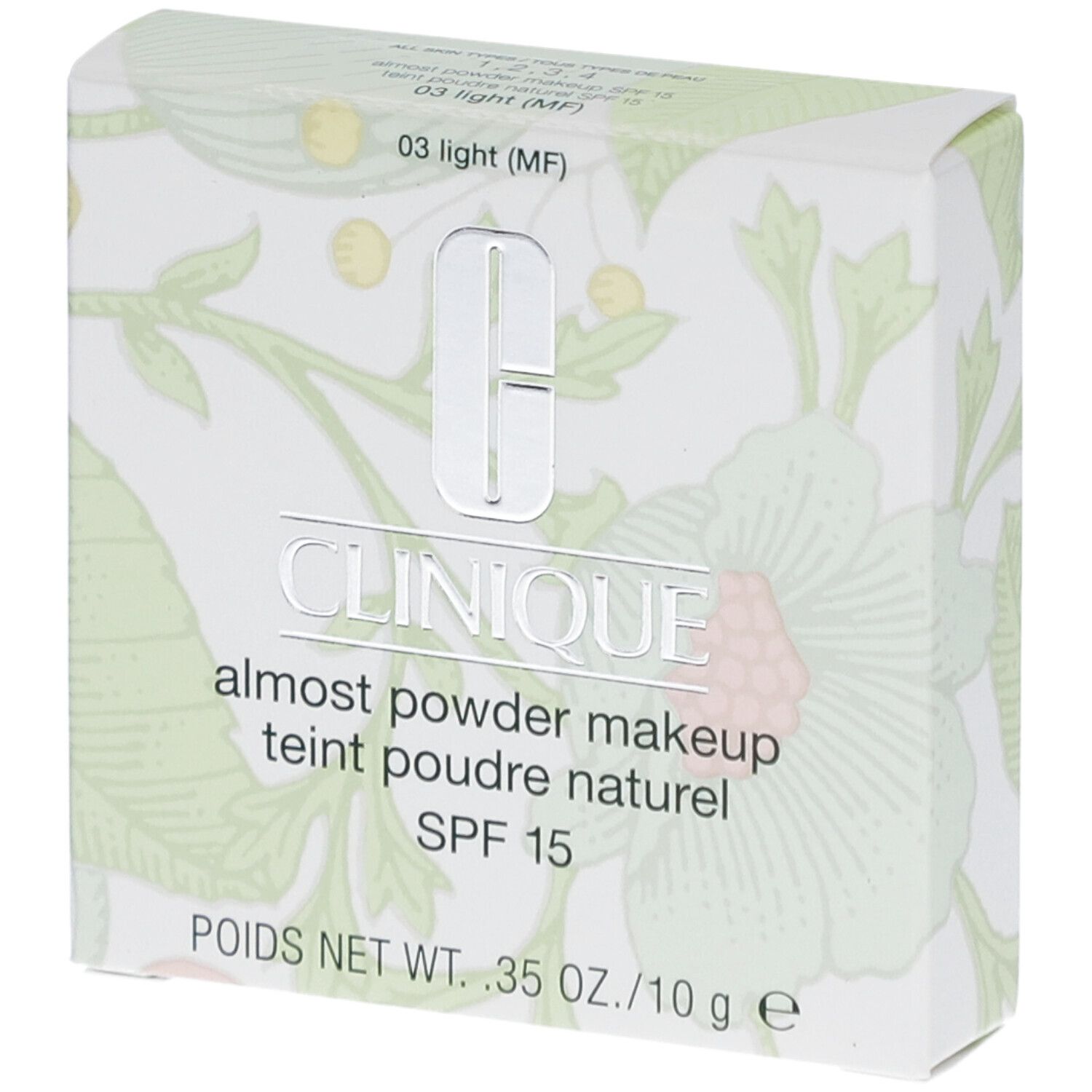 Clinique Fast Puder-Makeup SPF 15. Witte verpakking met bloemmotief. Productnaam en SPF 15 duidelijk zichtbaar.