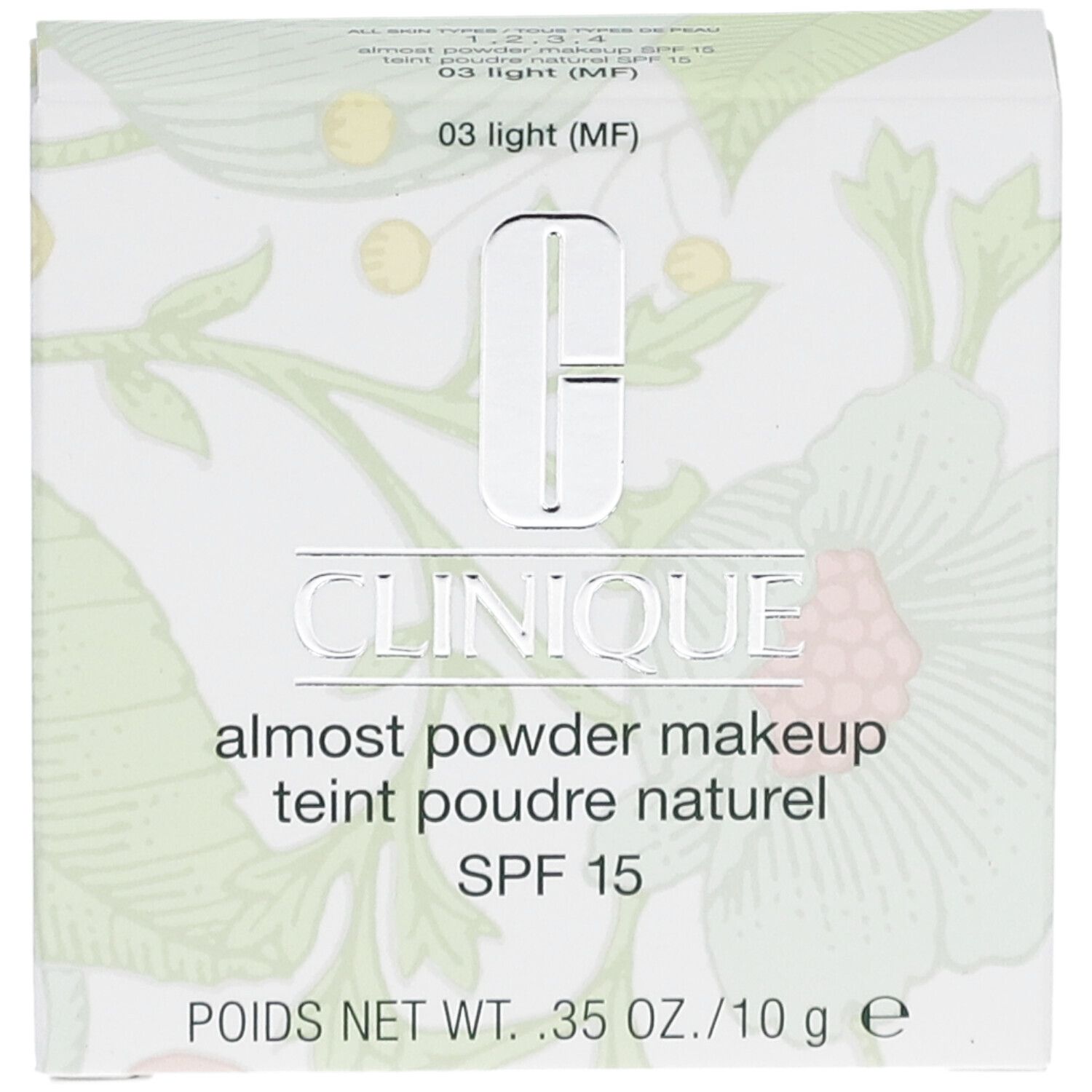 Clinique Fast Puder-Makeup SPF 15. Witte verpakking met bloemmotief. Productnaam en SPF 15 duidelijk zichtbaar.