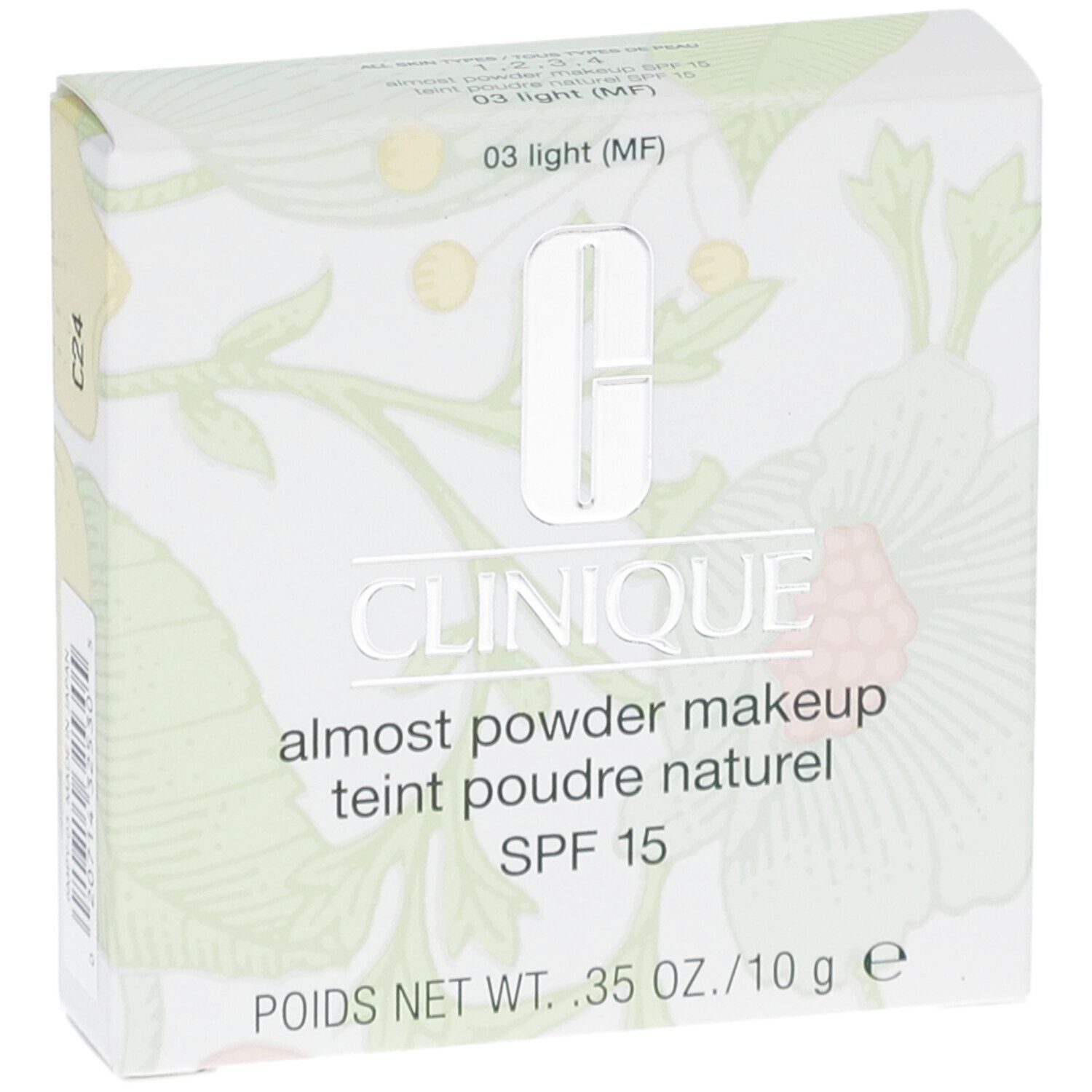Clinique Fast Puder-Makeup SPF 15. Witte verpakking met bloemmotief. Productnaam en SPF 15 duidelijk zichtbaar.