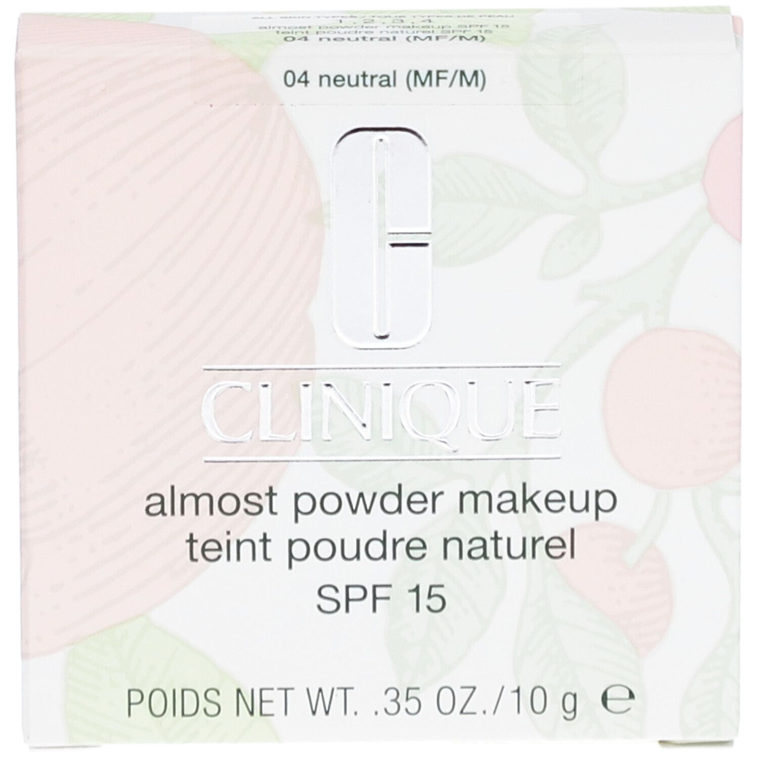 Clinique Fast Puder-Makeup SPF 15. Draufsicht auf die Verpackung. Produktname und SPF 15 deutlich sichtbar.