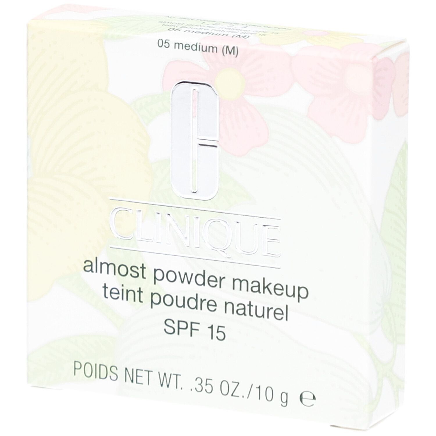 Clinique Fast Puder-Makeup SPF 15. Verpackung mit floralem Muster. Produktname und SPF 15 sichtbar. Größe: 10g.