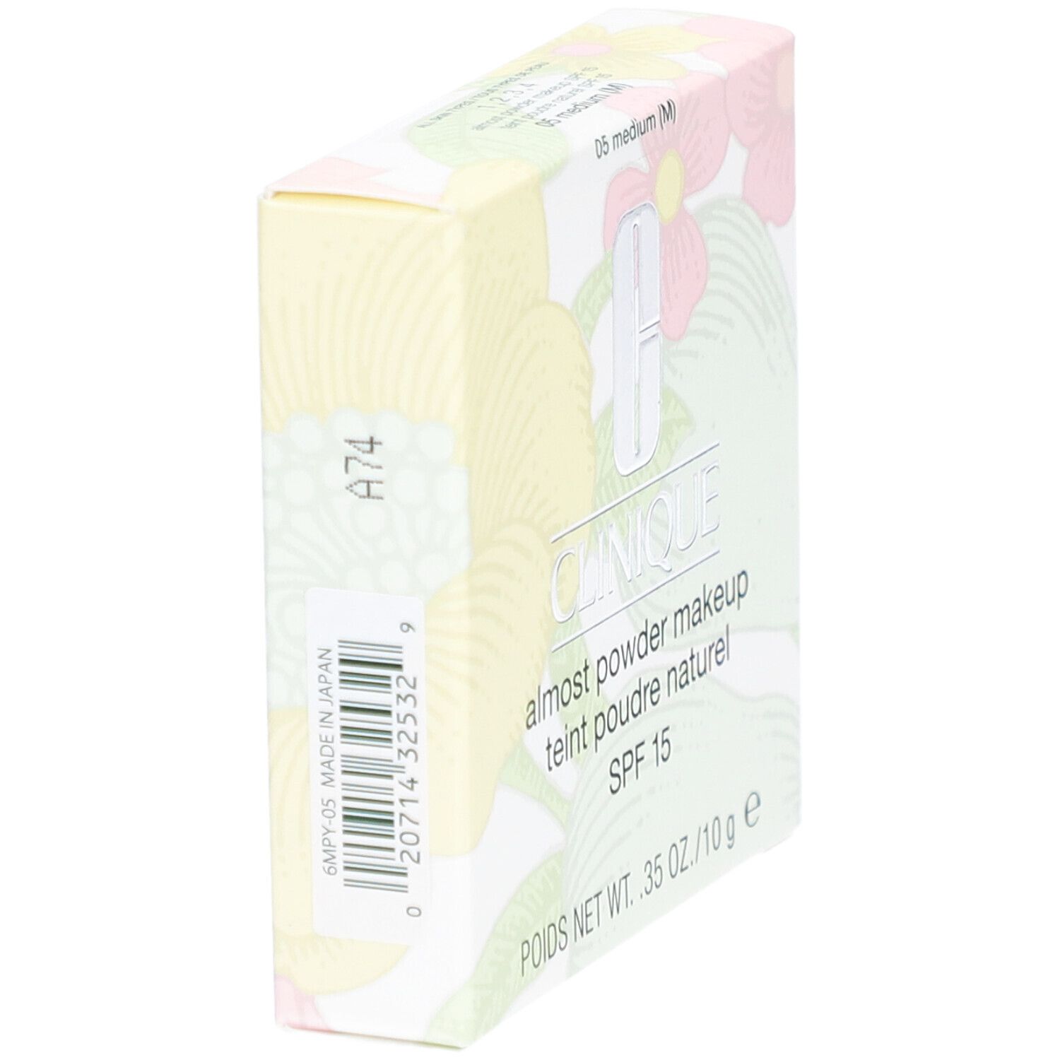 Clinique Fast Puder-Makeup SPF 15. Verpackung, Seitenansicht. Produktname und SPF 15 sichtbar. Mit Barcode und floralem Muster.