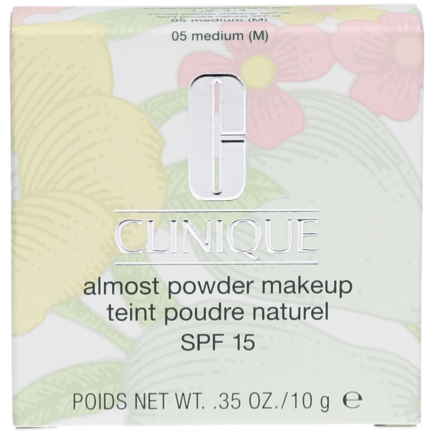 Clinique Fast Puder-Makeup SPF 15. Verpackung, Frontansicht. Produktname, SPF 15 und Größe deutlich sichtbar.