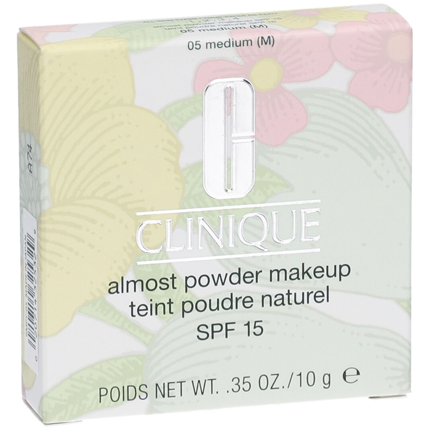 Clinique Fast Puder-Makeup SPF 15. Verpackung, Frontansicht. Produktname, SPF 15 und Größe deutlich sichtbar.