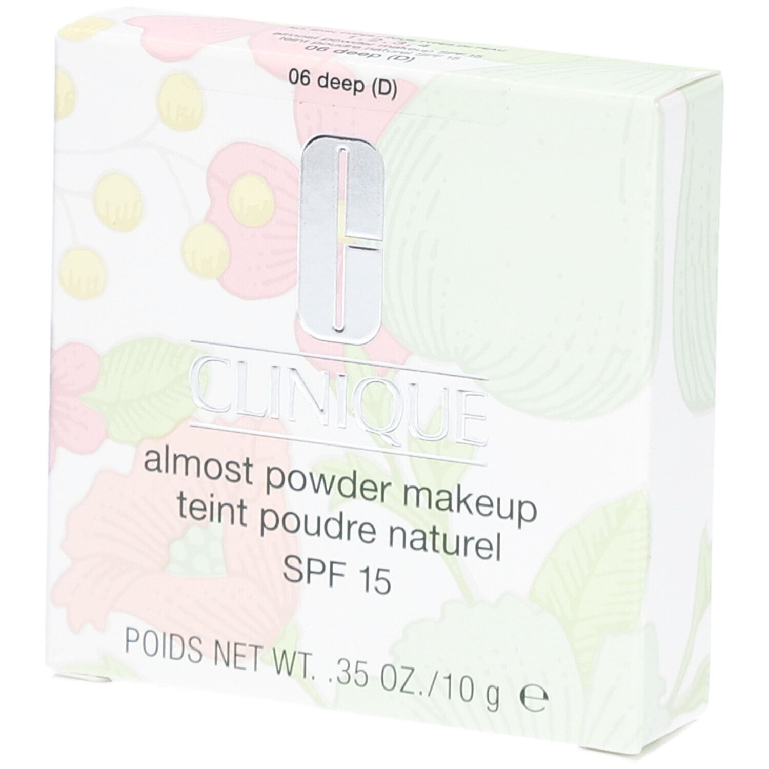 Clinique Fast Puder-Makeup SPF 15. Verpackung mit floralem Muster. Marke und Produktbezeichnung deutlich sichtbar.