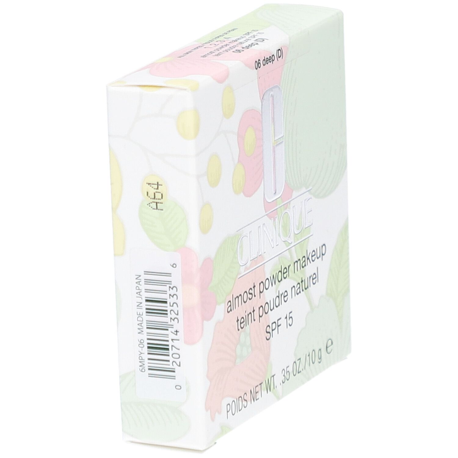 Clinique Fast Puder-Makeup SPF 15. Verpackung schräg. Marke und Produktbezeichnung deutlich sichtbar. Floralmuster.
