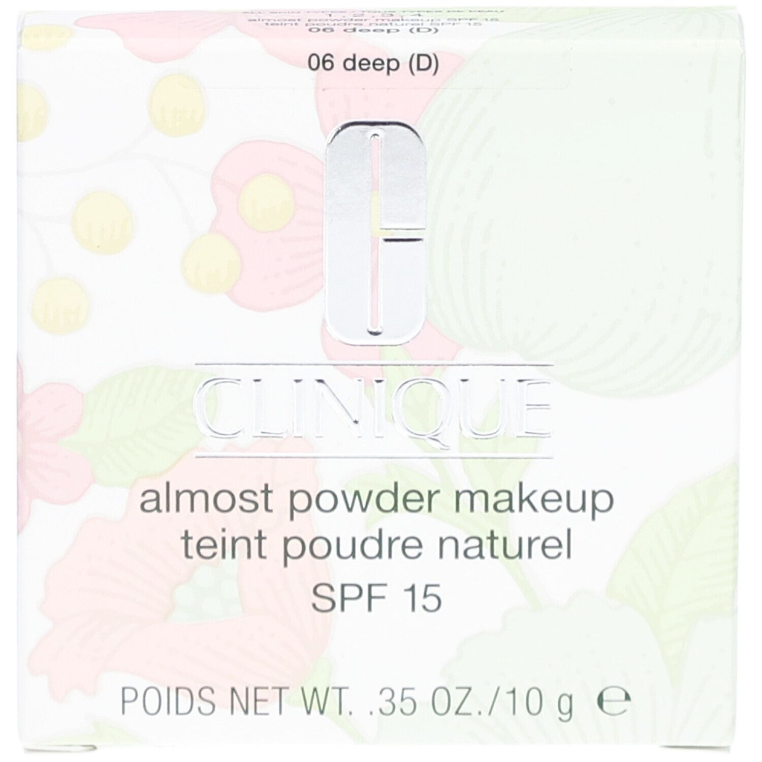 Clinique Fast Puder-Makeup SPF 15. Verpackung mit floralem Muster. Marke und Produktbezeichnung deutlich sichtbar.
