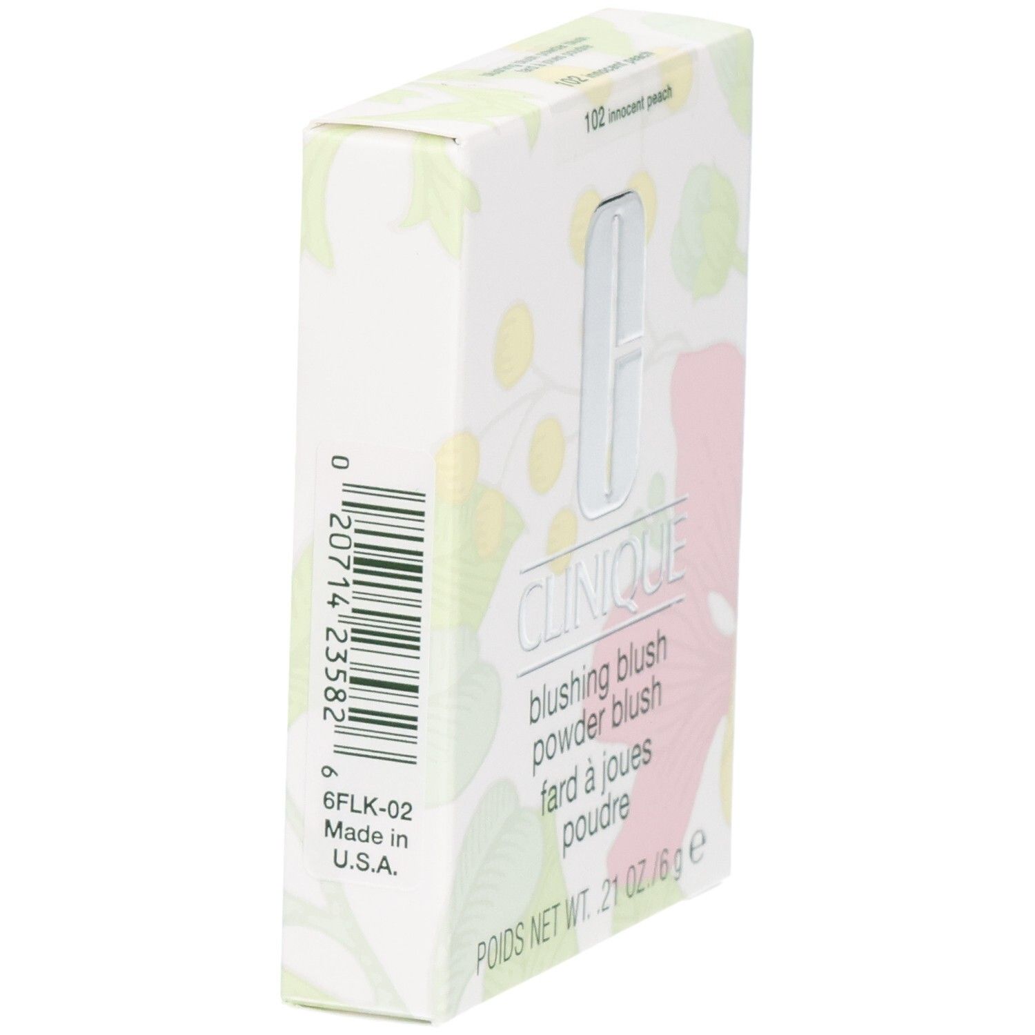 Clinique Blushing Blush Puderdose, Rückseite mit Barcode und Produktinformationen. 6g.