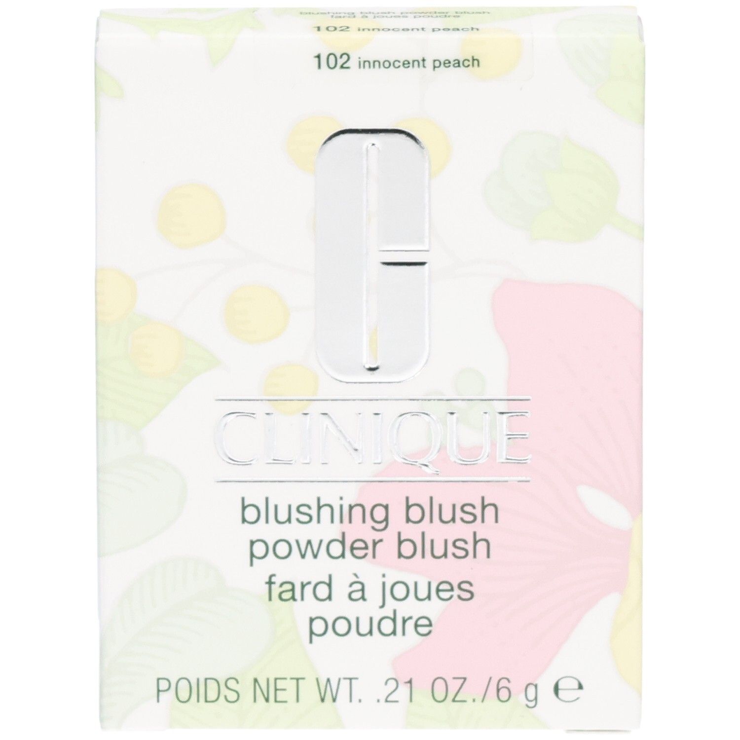 Clinique Blushing Blush Puderdose, Vorderseite mit floralem Muster und Produktinformationen. 6g.