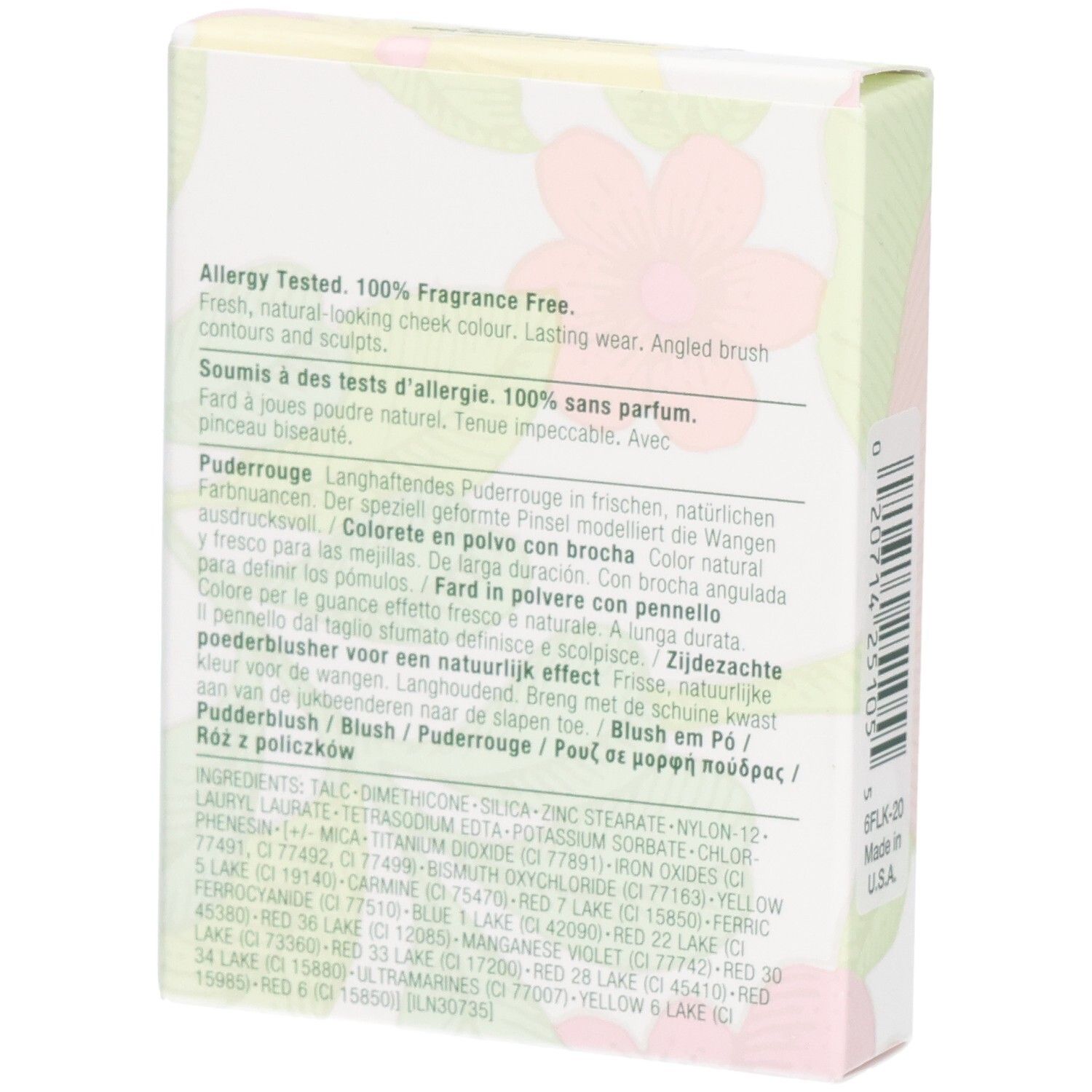 Clinique Blushing Blush Puderblush, Farbton 120 Bashful Blush, 6g, Seitenansicht mit Inhaltsstoffen.