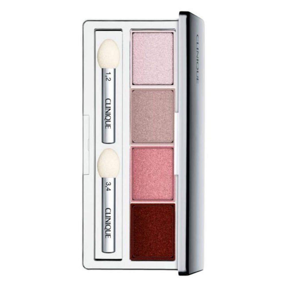 Palette de fards à paupières Clinique. Quatre couleurs rose et marron. Deux applicateurs. Marque Clinique.