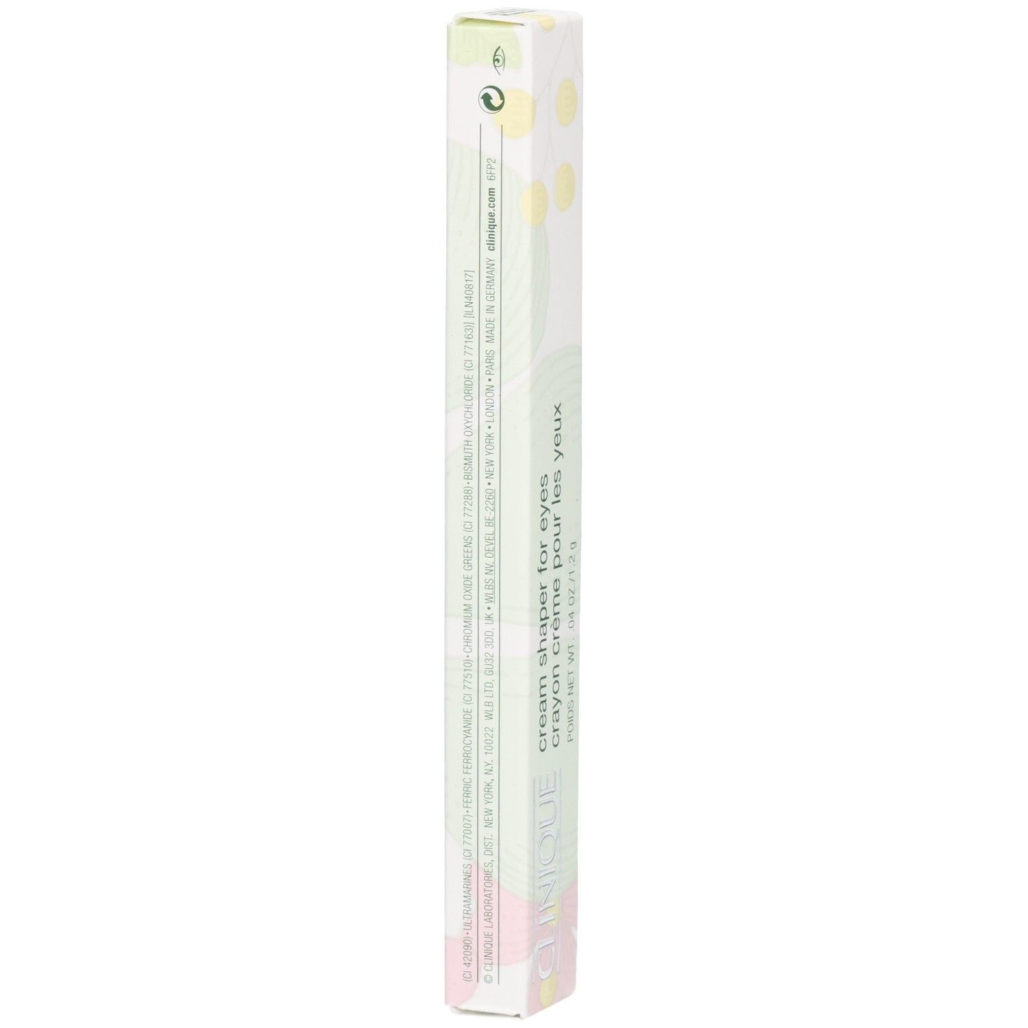 Clinique Cream Shaper for Eyes Verpackung, länglich, weiß mit floralem Muster und Text.