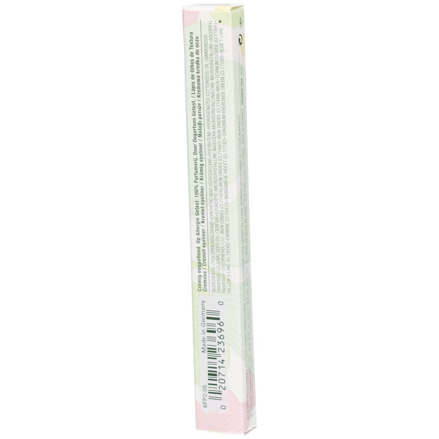 Clinique Cream Shaper for Eyes Verpackung, länglich, weiß mit floralem Muster und Text.