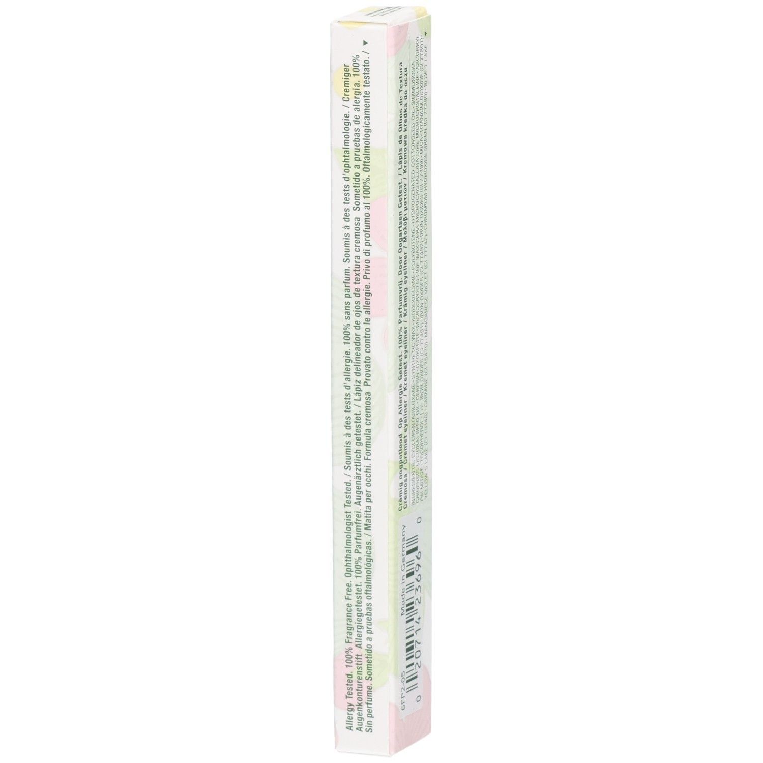 Clinique Cream Shaper for Eyes Verpackung, länglich, weiß mit floralem Muster und Text.