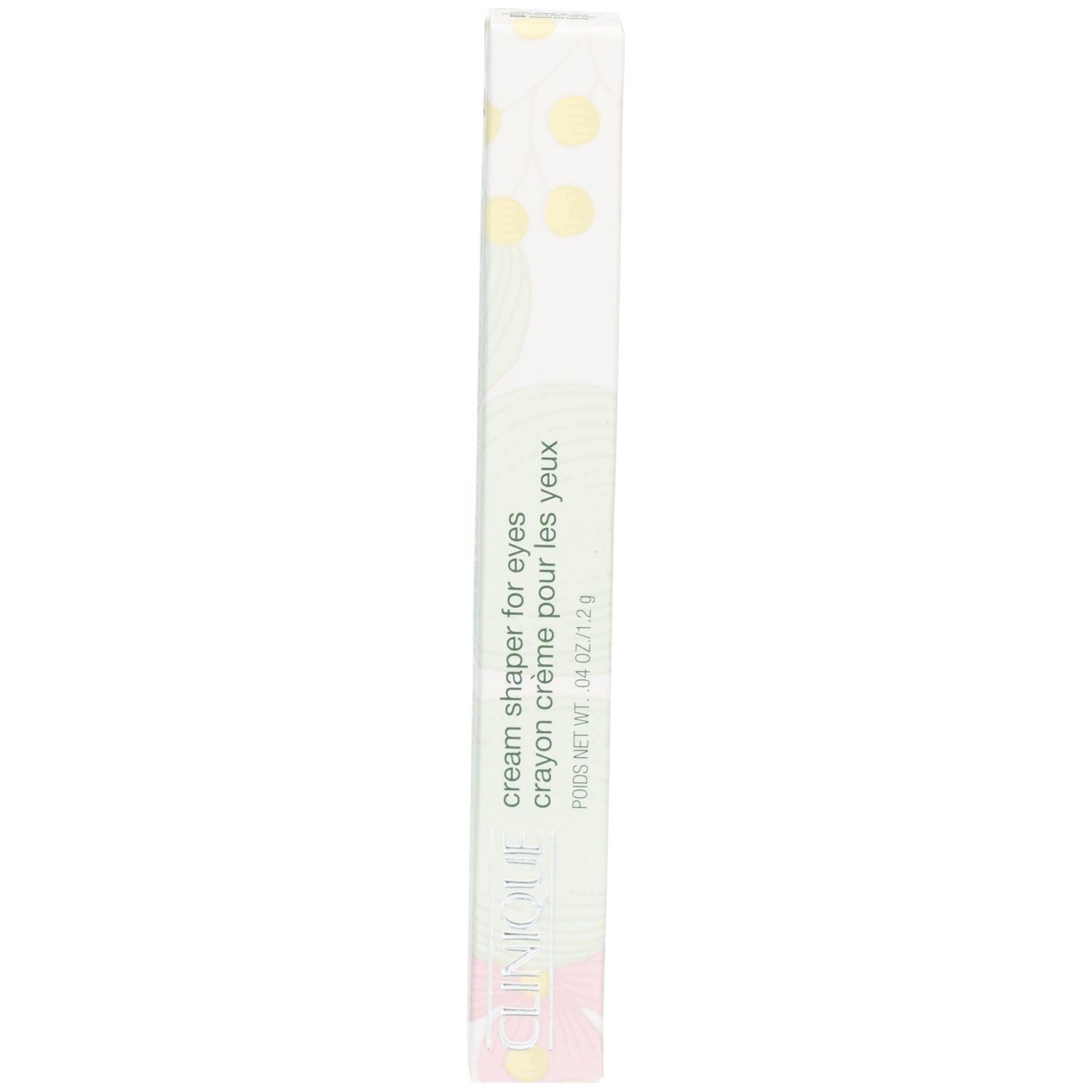 Clinique Cream Shaper for Eyes Verpackung, länglich, weiß mit floralem Muster.