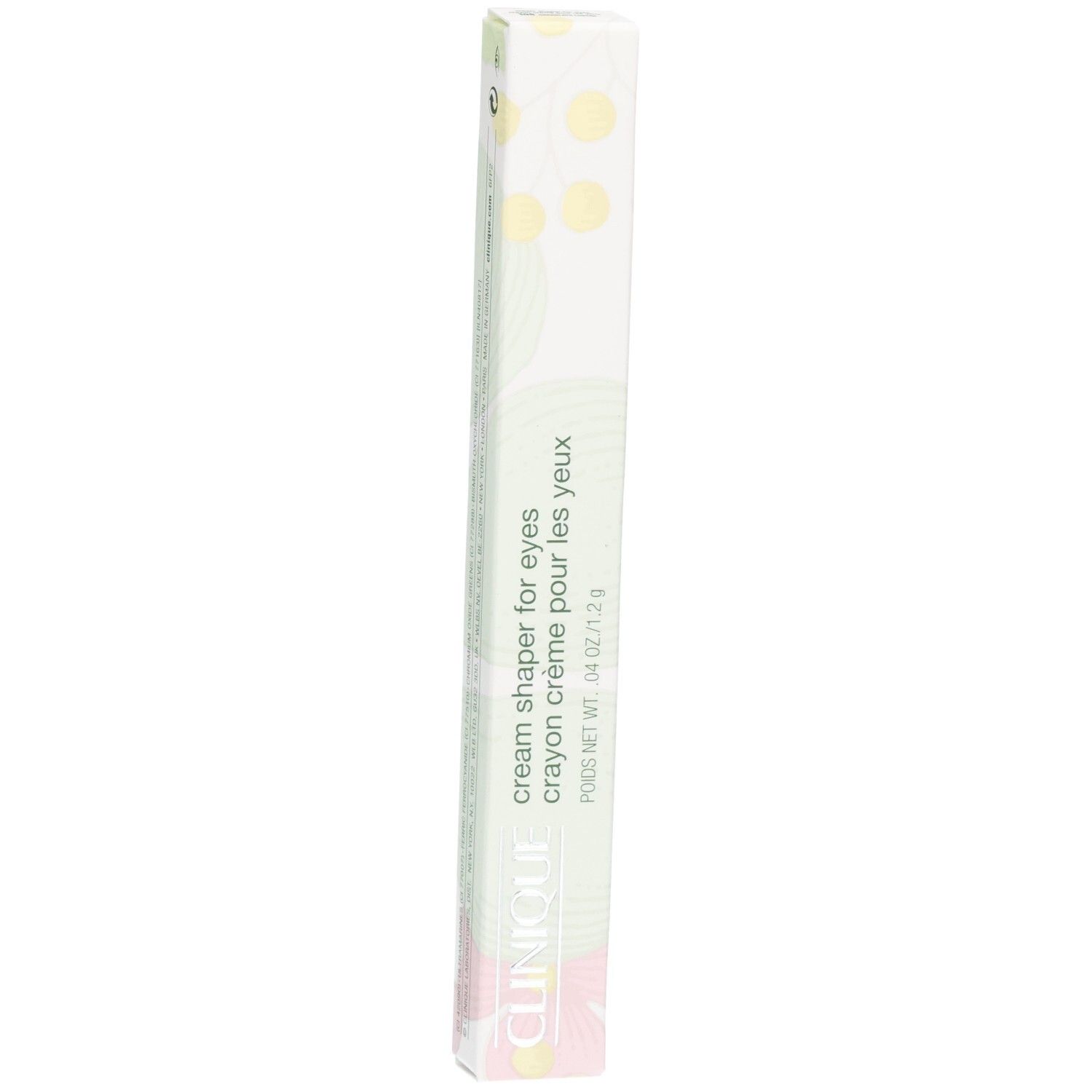 Clinique Cream Shaper for Eyes Verpackung, länglich, weiß mit floralem Muster.