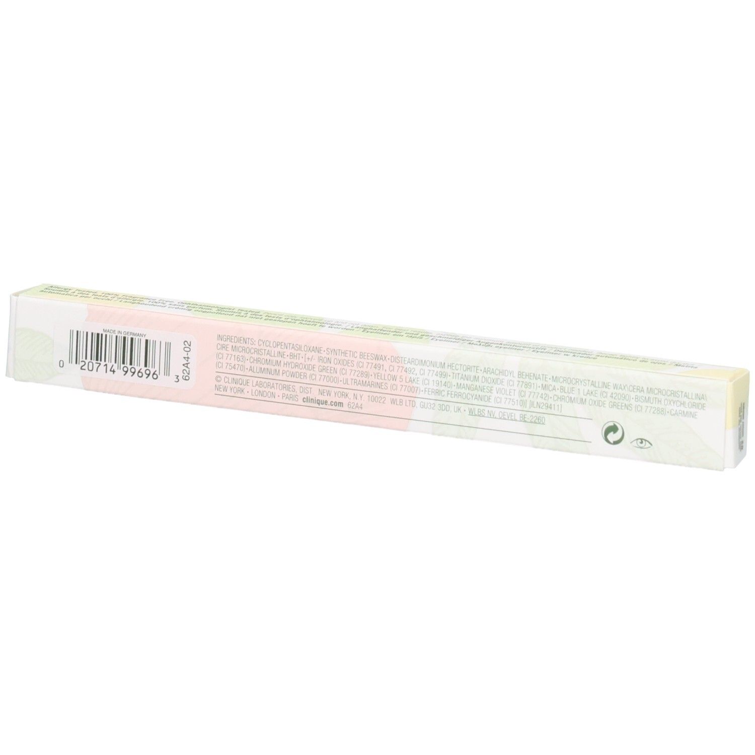 Rückseite der Clinique Quickliner for Eyes Smoky Brown Verpackung mit Barcode und Inhaltsstoffen.