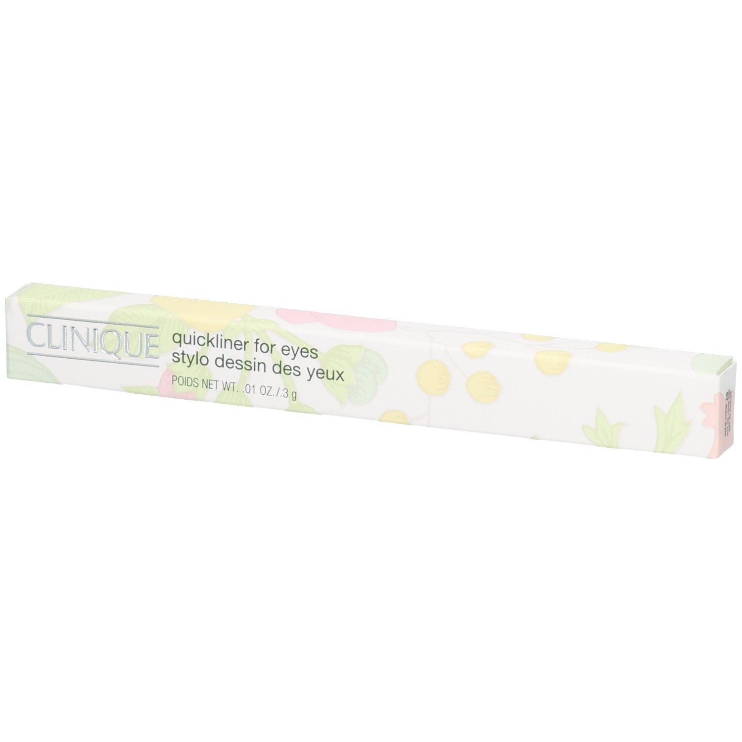 Clinique Quickliner for Eyes Eyelinerstift-Verpackung, schwarz, mit floralem Muster.